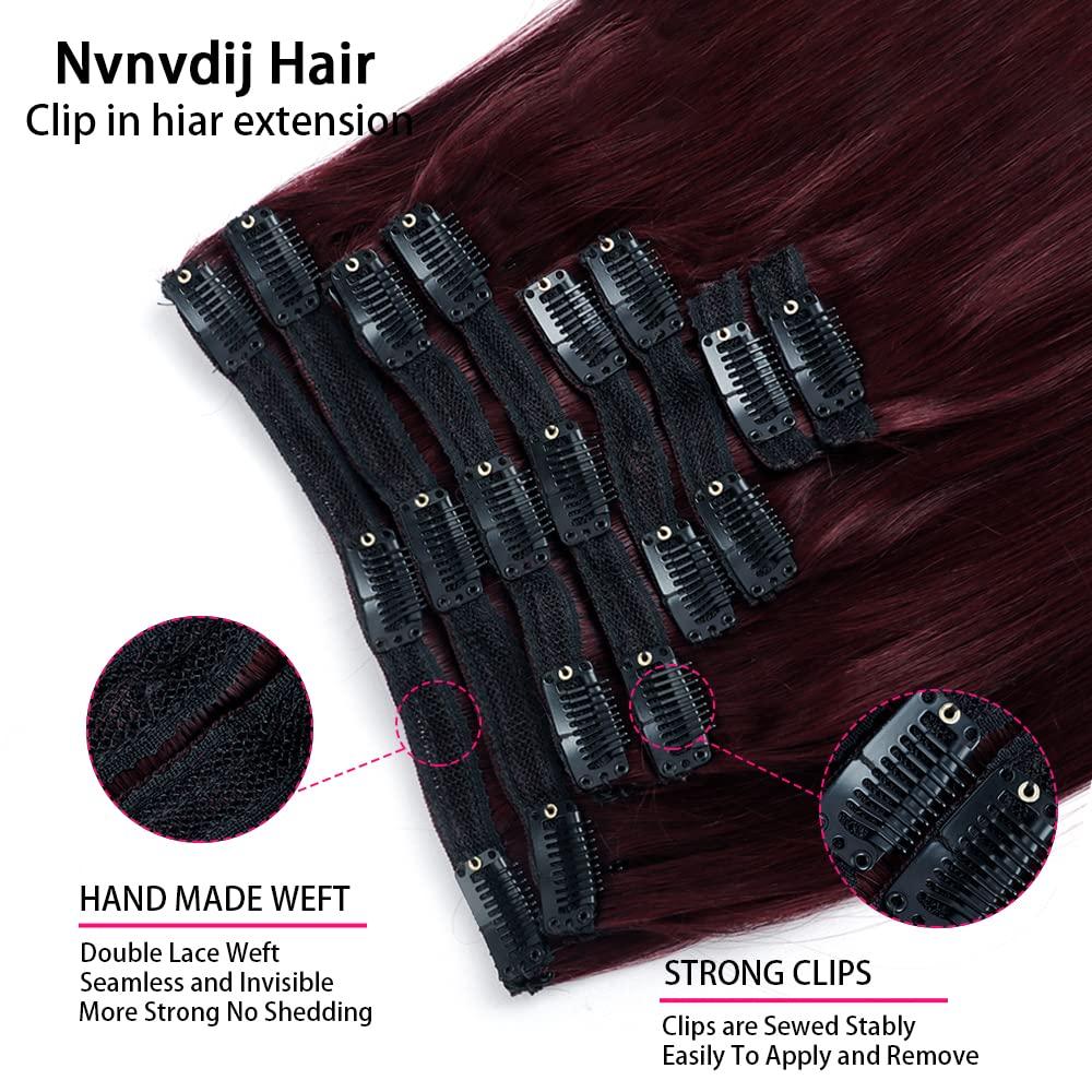 Nvnvdij Burgundy Red Hair Extensions Clip in Human Hair Double Weft Clip in Hair Extensions Red Wine Clip in Extensions Human Hair Full Head #99J (22 Inch #99J)