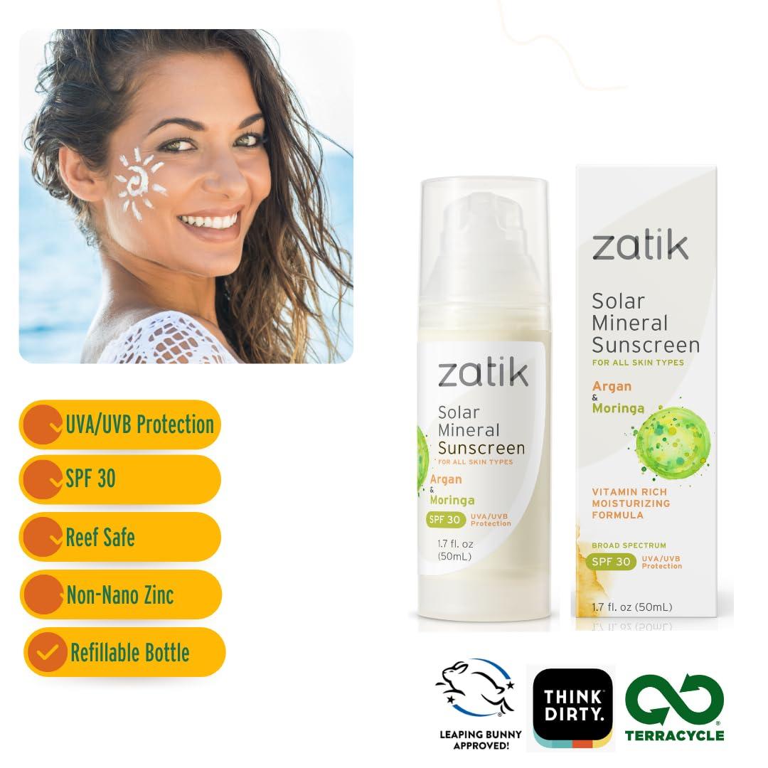 Zatik Zatik Naturals - Solar Mineral Sunscreen with Argan and Moringa, Vitamin and Mineral-Based Solar Protection, Vegan, Non-GMO, pH Balanced, FREE from Gluten, Soy, Alcohol. 1.7 fl oz, 50 ml