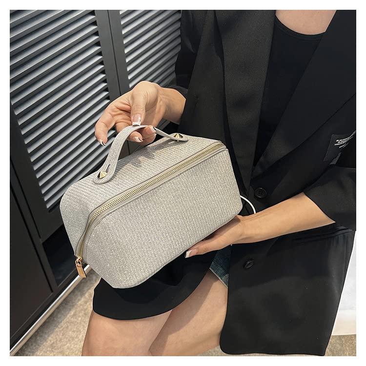 Cessfle Large Capacity Travel Cosmetic Bag Glitter Makeup Bag Everything Sparkly Shiny Make up Bag Portable Sequin Toiletry Travel Bag with Handle and Divider for Women (Silver)