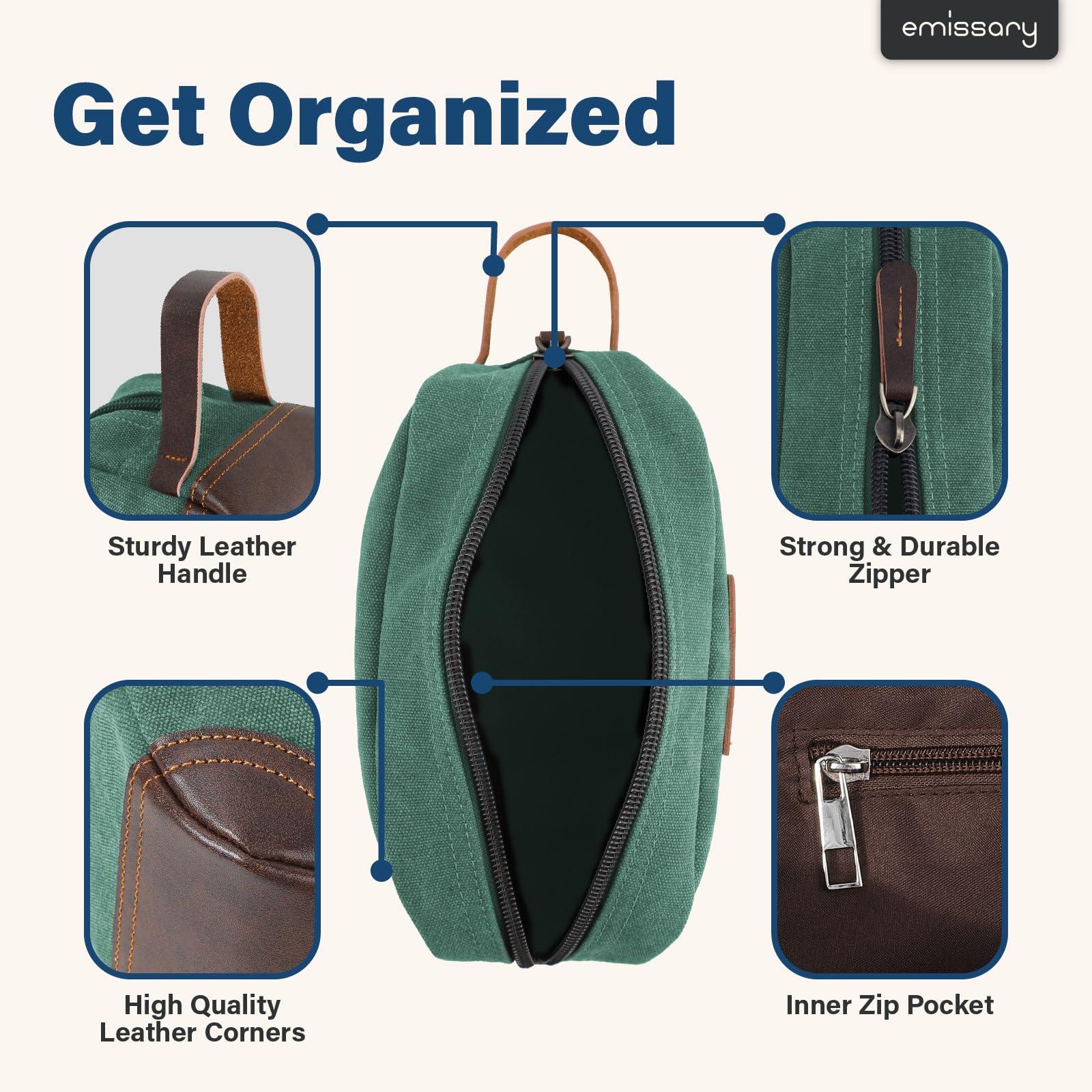 emissary emissary Men's Toiletry Bag, Leather and Canvas Travel Toiletry Bag, Dopp Kit for Men, Travel Bathroom Bag Men's Shaving Kit, Travel Kit Small Bags for Men, Shaving Bag for Travel Accessories (Green)