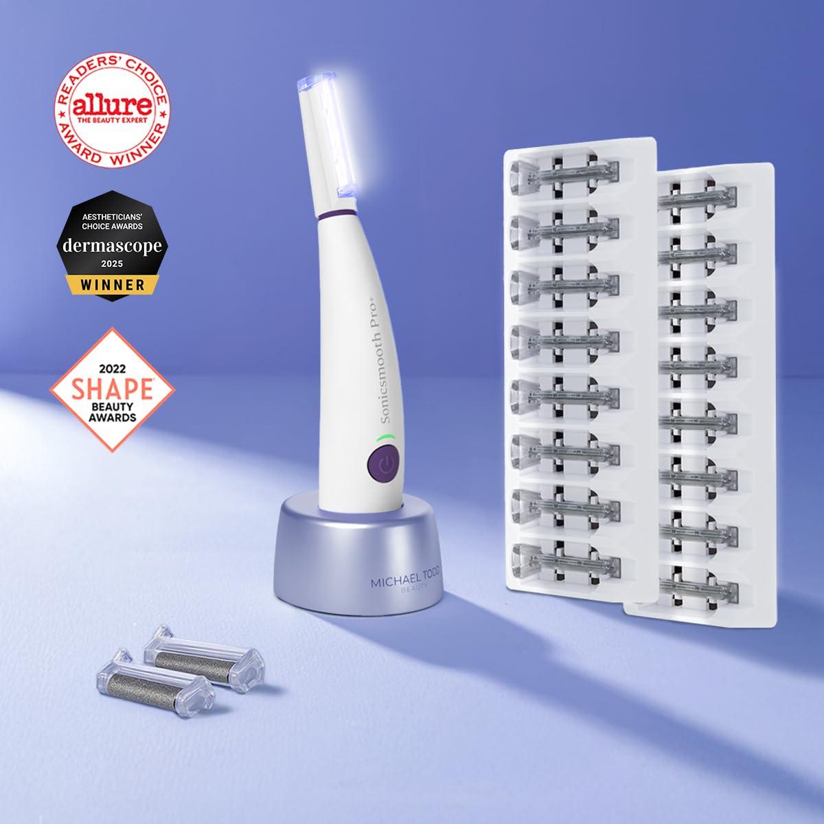 MICHAEL TODD Michael Todd Beauty - Sonicsmooth Pro+ Dermaplaning System with LED Light - 2 in 1 Women\'s Face Exfoliation & Peach Fuzz Hair Remover - 16 Dermaplaning Blades & 2 Microsmooth Microdermabrasion Tips