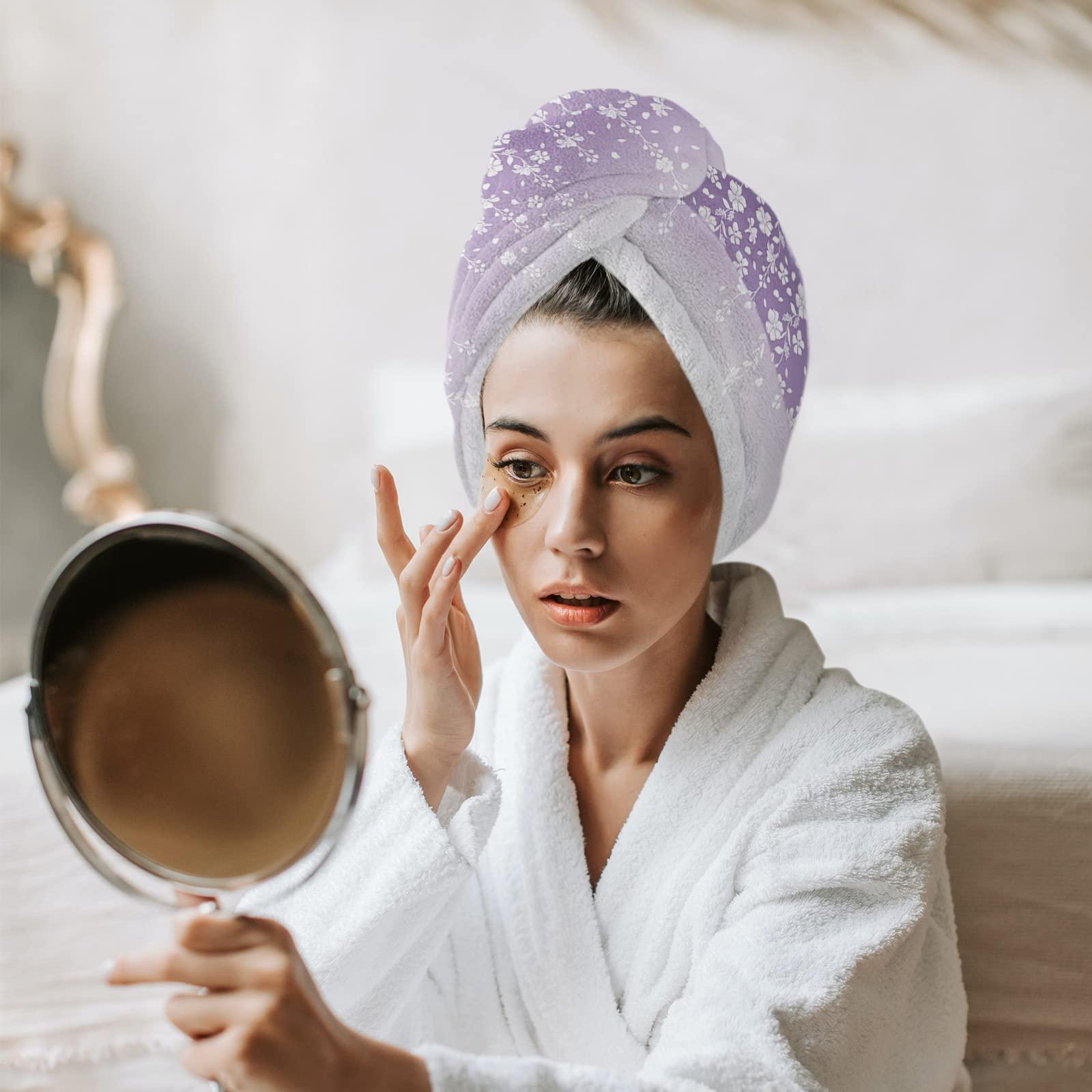 LEOSUCRE LEOSUCRE Microfiber Hair Towel Wrap Ultra Absorbent Hair Cap, Purple Floral Hair Towel with Buttons Hair Drying Towel Turban Bath Hair Wrap for Woman 26x10in Romantic Flower Drape