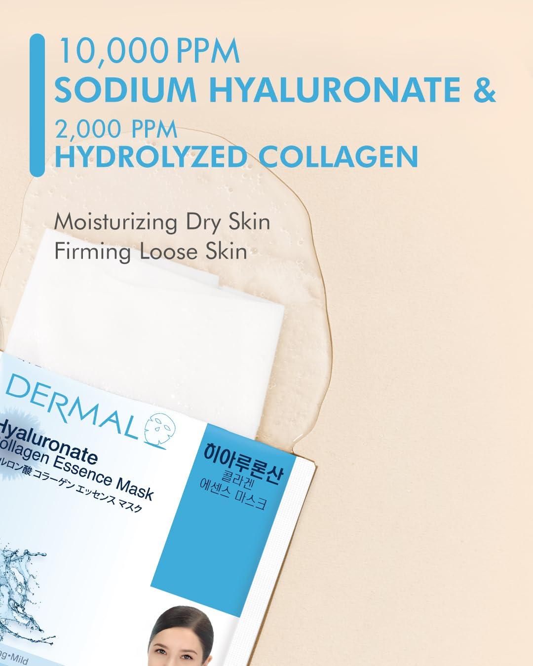 DERMAL DERMAL Hyaluronate Collagen Essence Facial Mask Sheet 23g Pack of 100 - Hydro Boost Moisturizing for Dry Skin, Smoothing Fine Lines Wrinkles, Daily Skin Treatment Solution Sheet Mask