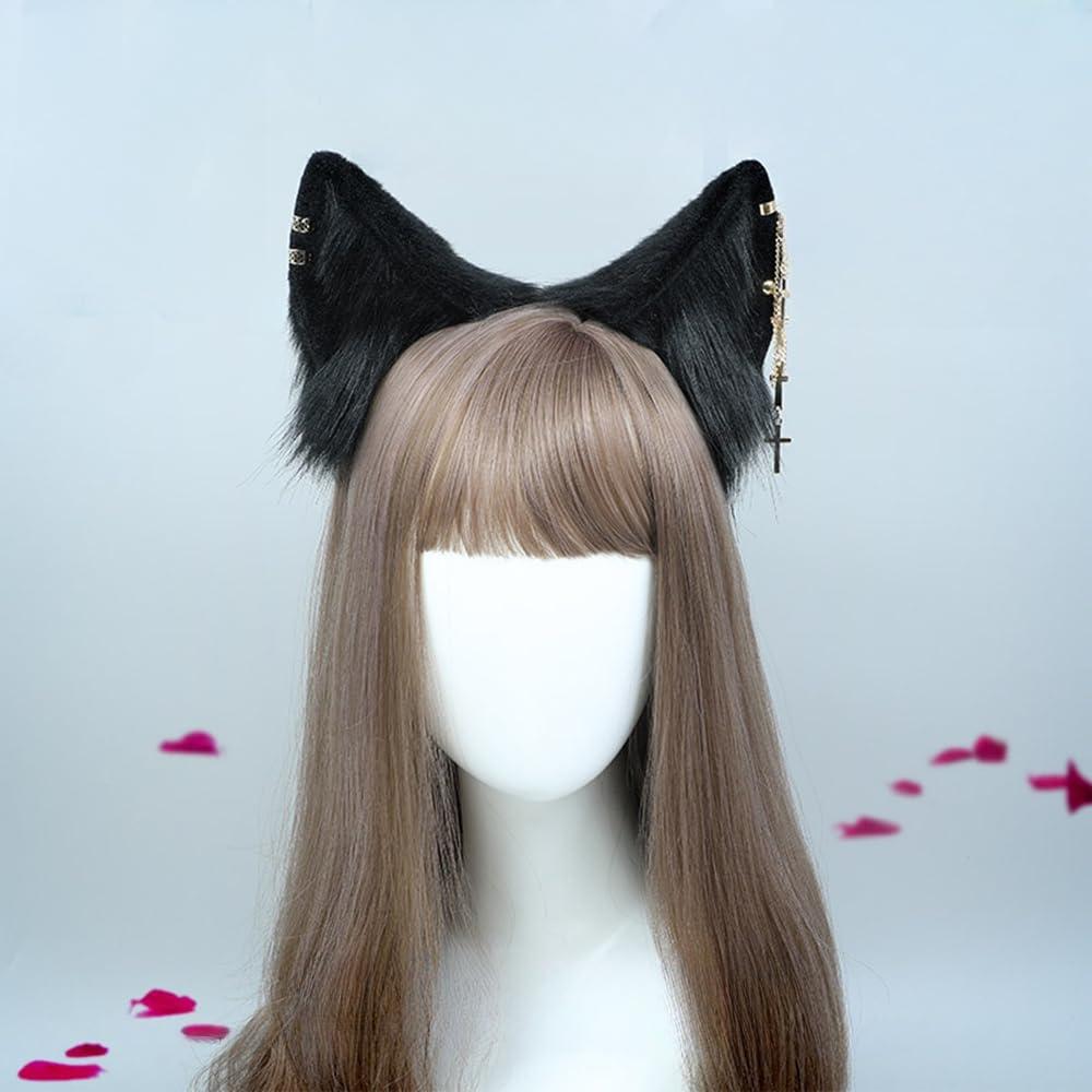 TTYAO REII TTYAO REII Black Animal Ears Headband Fluffy Cat Ears Headband Cat Ears and Tail Set for Cosplay Costume Headdress (Black)