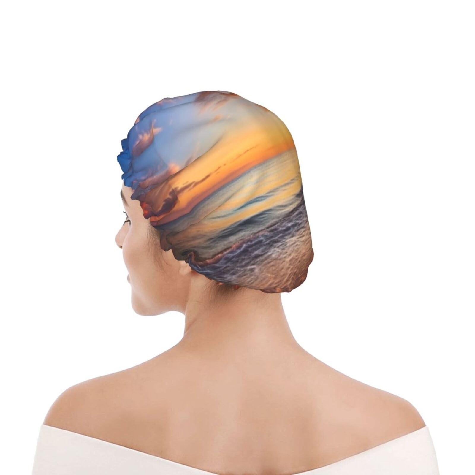 OUSIKA Reusable Shower Cap for Women Waterproof Bath Caps Double Layer Bath Hair Caps Beautiful Tropical Sunrise on The Beach Shower Hat for Ladies Spa Salon, Large Size for All Hair Lengths