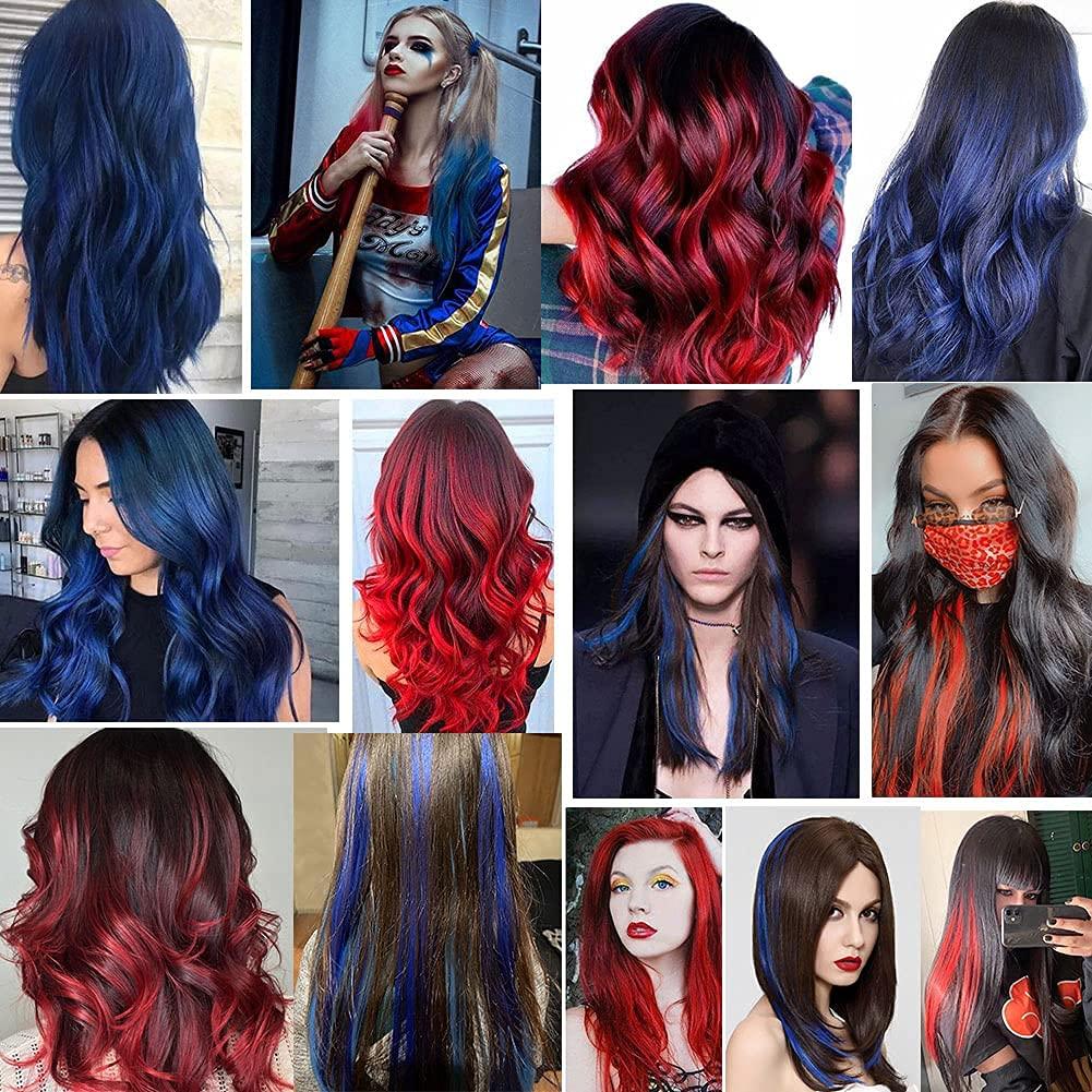 IAMERUI IAMERUI Multi-Colors Hair Extensions Party Highlights Straight Clip in/on Colored Hair Streak Synthetic Hairpieces 8 Pieces (Blue Red)