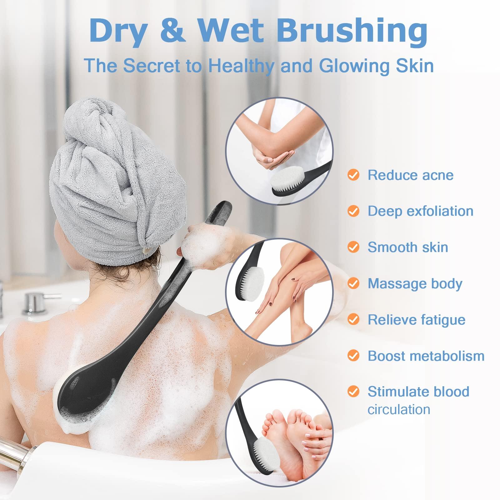 VANZAVANZU Exfoliating Shower Brush, Bath Body Brush, Never Mold Back Brush Long Handle for Shower, Dry Brushing Body Brush or Wet Brush with Moderate Bristles Black