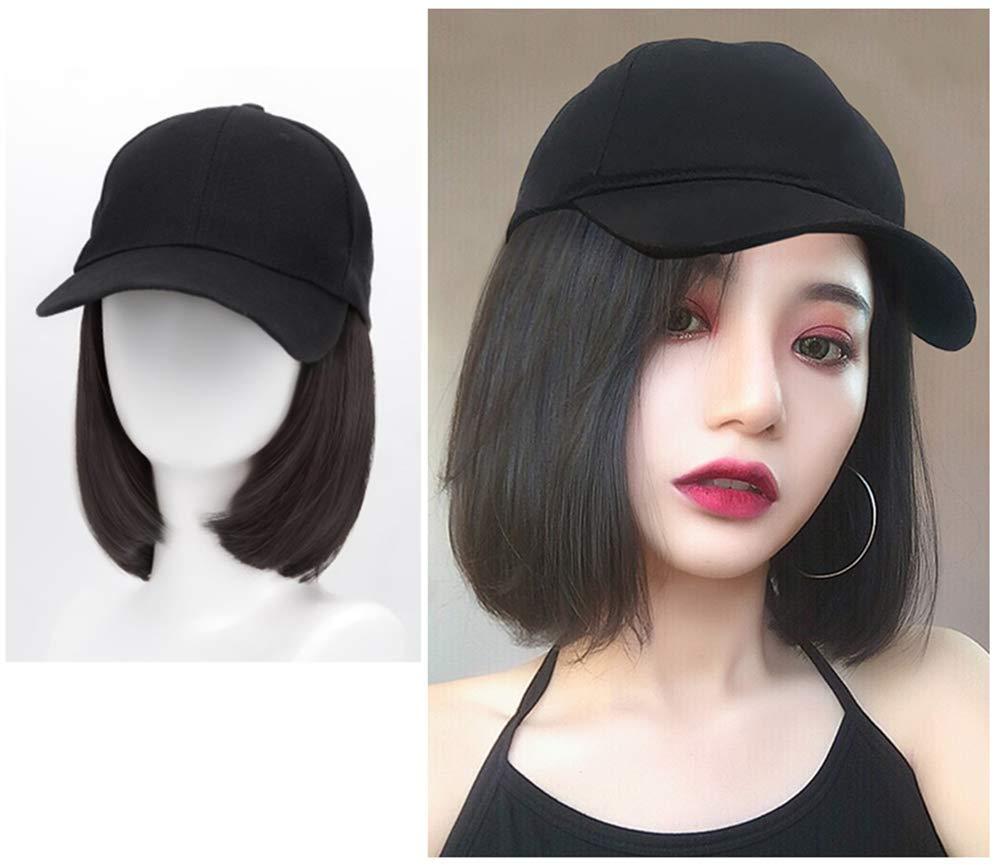 Aimeely Aimeely 10" Short Bob Synthetic Full Head Hair Extension With Baseball Cap For Women Black Hat Brown Black