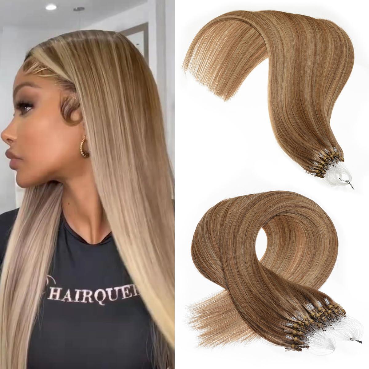 Kpvxxve Kpvxxve Micro Link Hair Extensions Human Hair #8/18 Ash Brown with Blonde Ombre Short Hair 14 Inch Micro Loop Human Hair Extensions 50g 1g/s Microbeads Hair