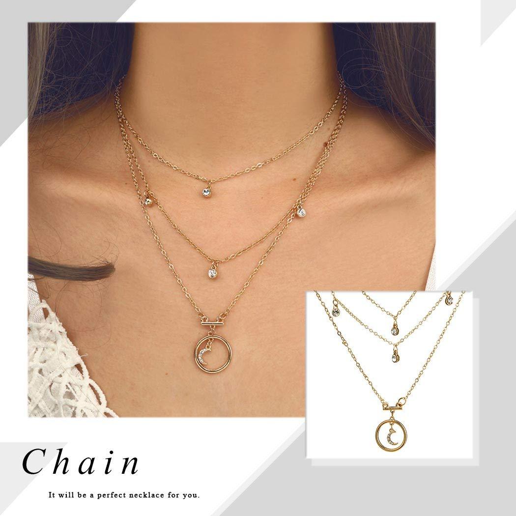 Edary Edary Boho Layered Necklace Moon Pendant Crystal Necklaces Jewelry for Women