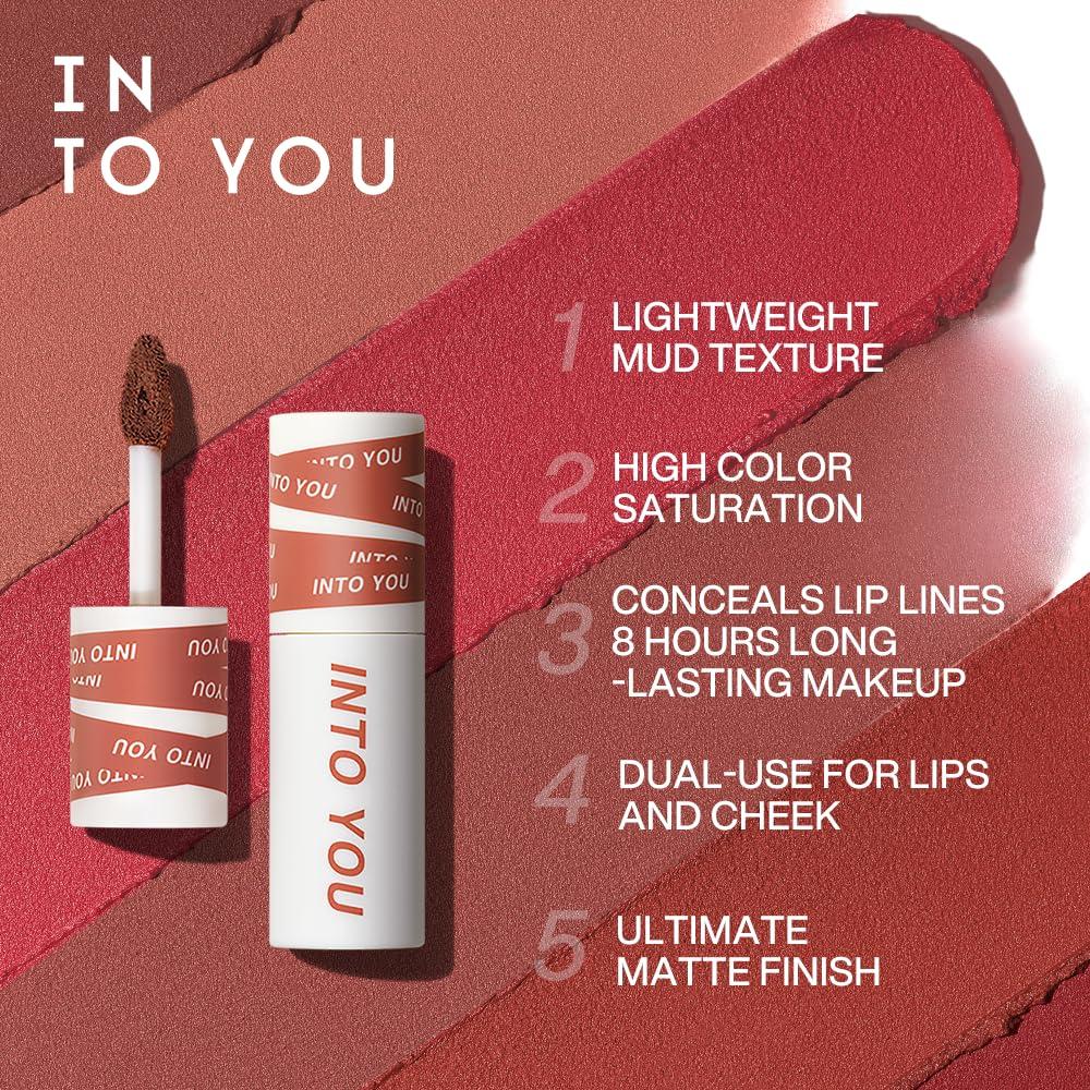 INTO YOU INTO YOU Matte Lipstick, Super Stay Lipstick for Women, Waterproof, Long Lasting Lipstick, High Impact Lipcolor with Lightweight Lip Mud Texture, Dual-use for Lips and Cheek, Red Lipstick (EM01)