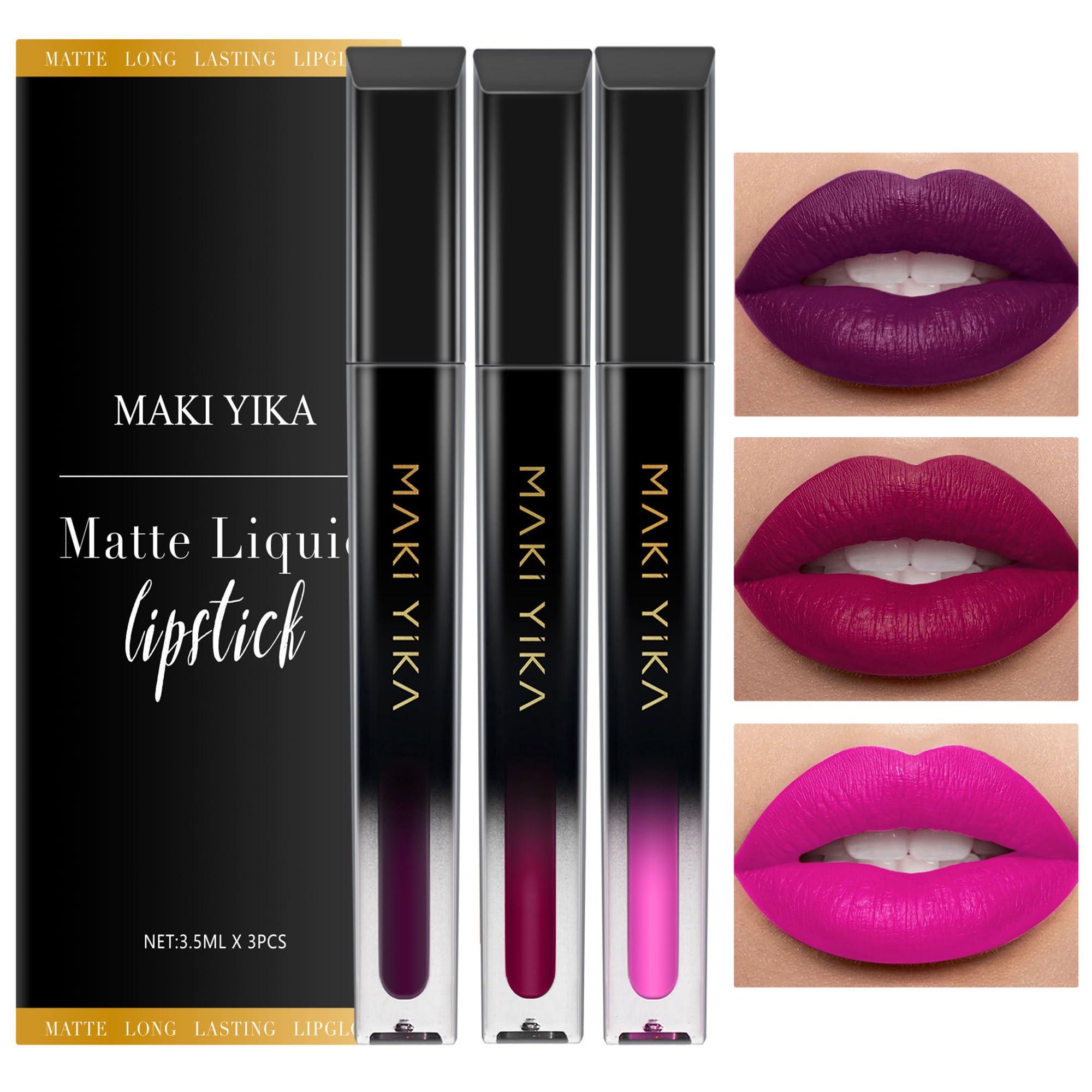 MAKI YIKA MAKI YIKA 3Pcs Matte Liquid Lipstick Set, Purple Plum Pink Lipstick Long Lasting Smudge Proof Non Transfer Lip Makeup (Purple+Plum+Pink)