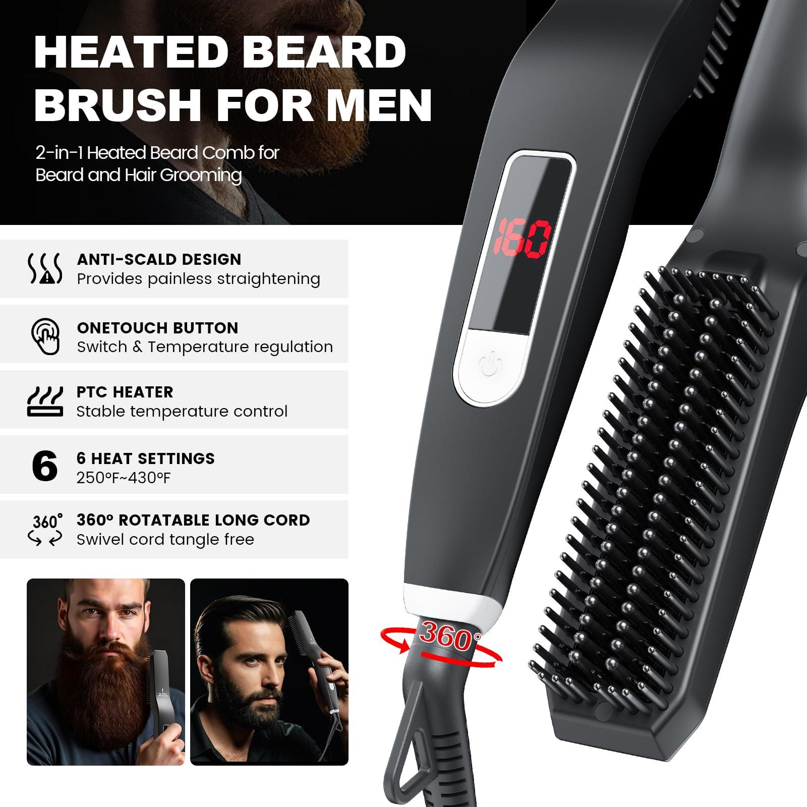 TUIREL TUIREL Beard Straightener for Men, 2 in 1 Heated Beard Brush, 6 Temperature Settings LCD Display Anti-scalding Hot Comb for Beard Care Kit for Men Gifts Set
