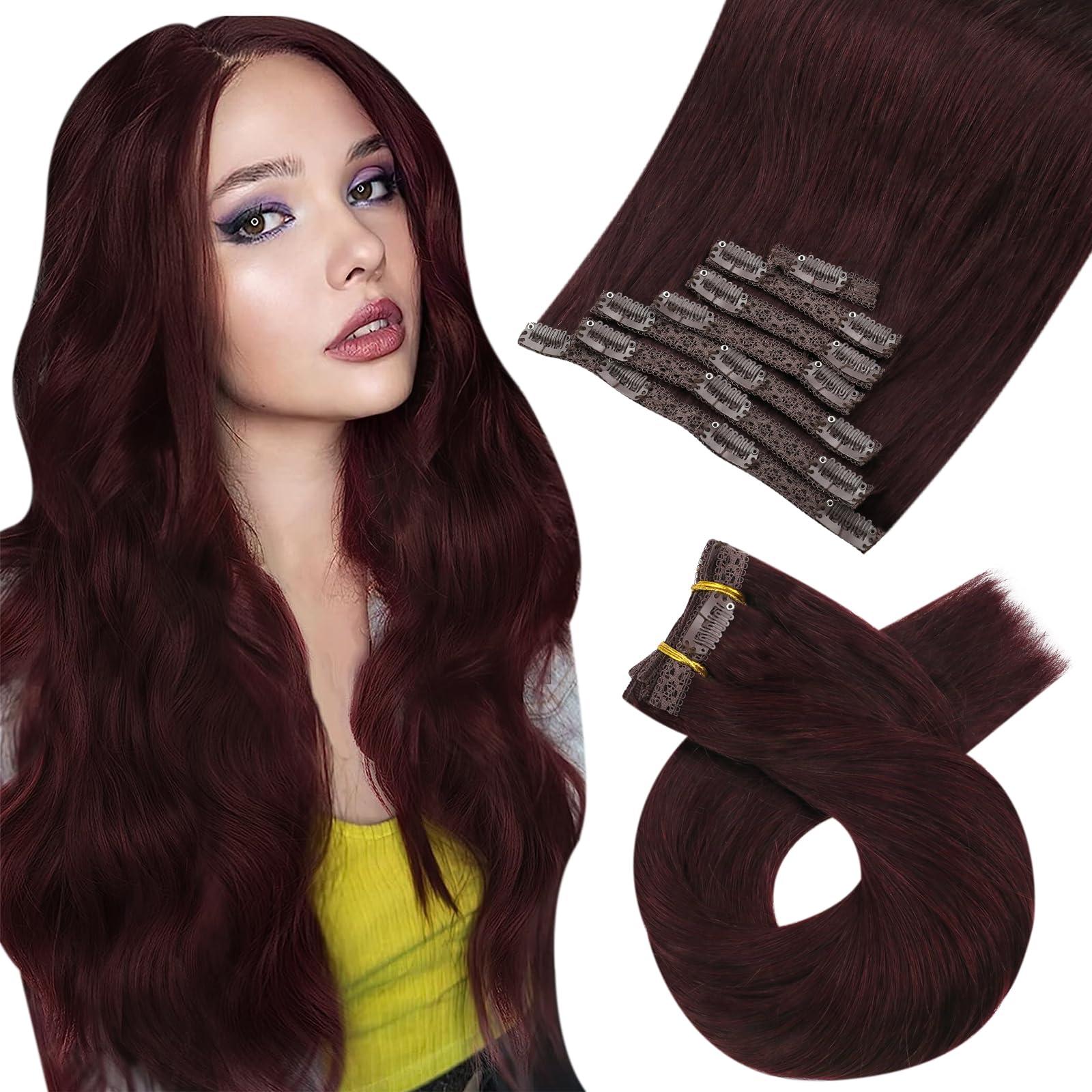 Moresoo Clip in Hair Extensions Human Hair Burgundy Real Hair Extensions Clip in Human Hair Red Wine 2packs 18inch 20inch