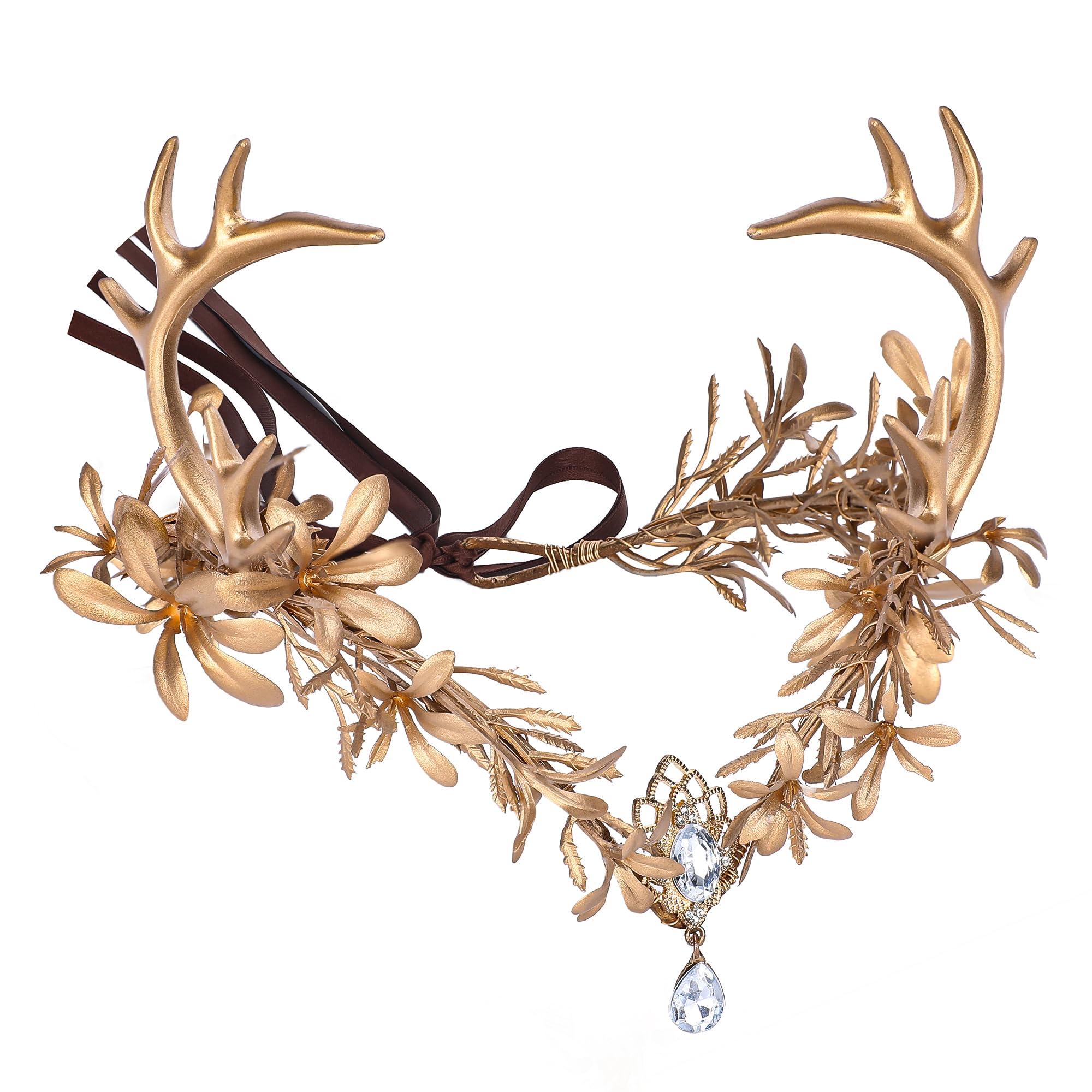 MOSTORY MOSTORY Gold Fairy Antler Crown - Woodland Flower Deer Horns Headpiece Elf Forest Ciecle for Women Renaissance Cosplay Ren Faire Outfit Hallween Costume