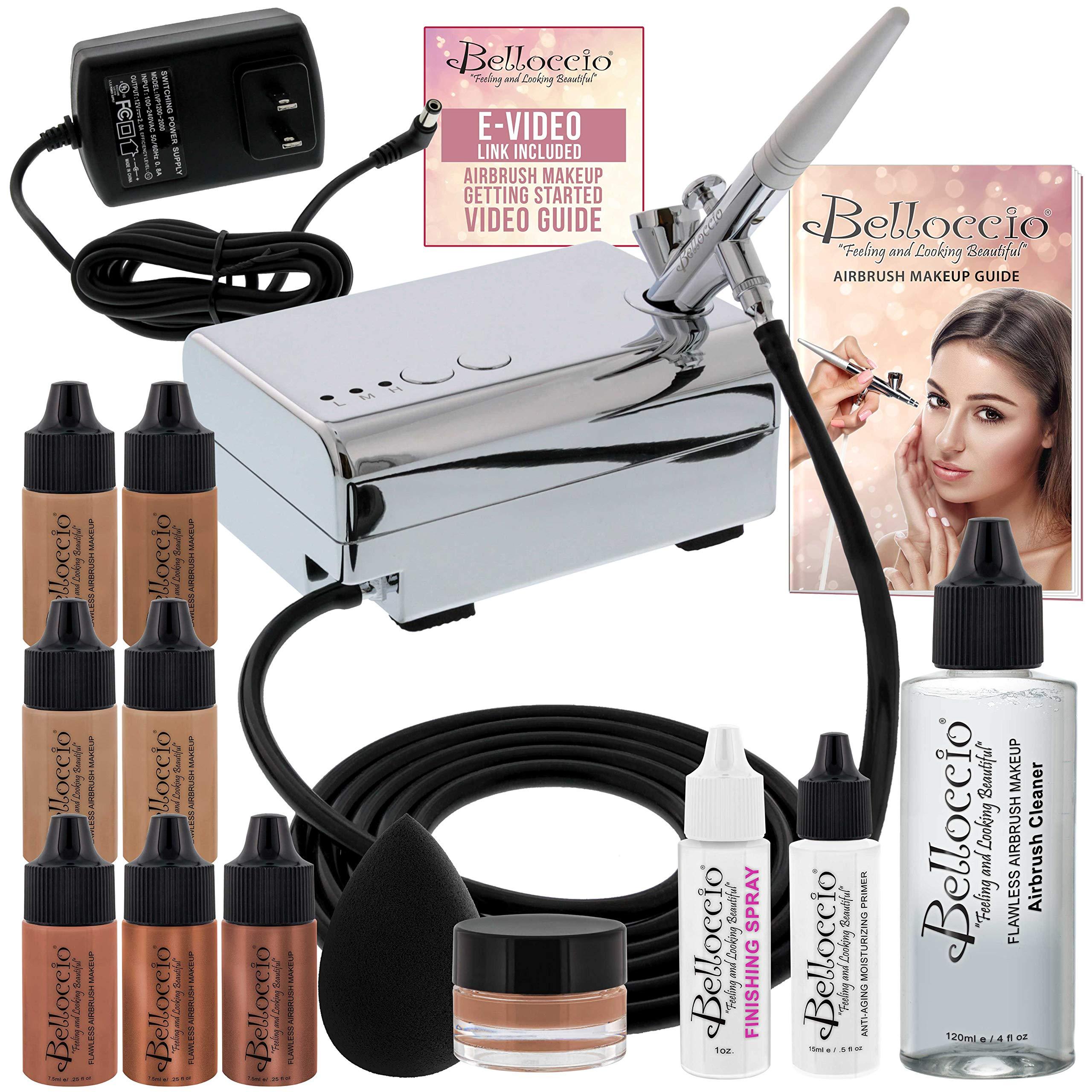 Belloccio Belloccio Professional Beauty Airbrush Cosmetic Makeup System with 4 Tan Shades of Foundation in 1/4 Ounce Bottles - Kit Includes Blush, Bronzer and Highlighter and 3 Bonus Items and a Video Link