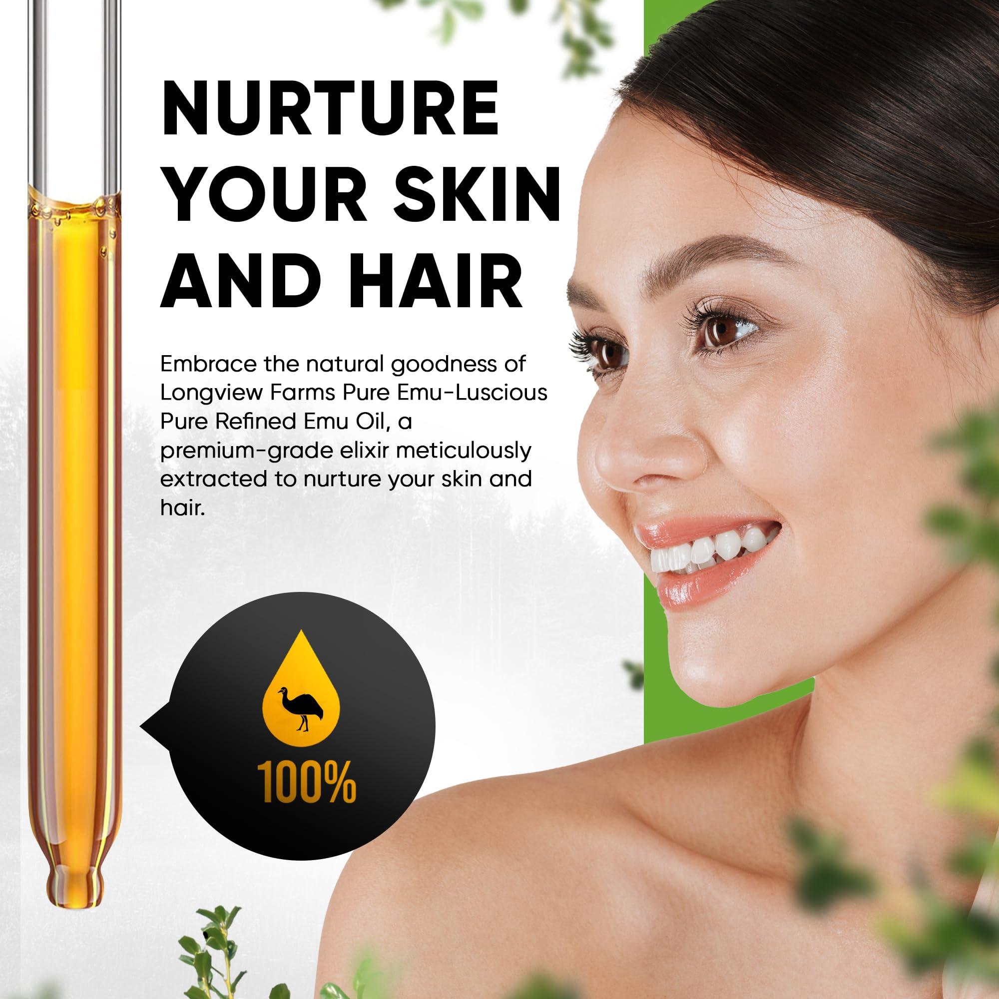 Longview Farms Longview Farms Emu Oil - Hair and Body Oil - 100% Pure & Refined Emu Oil | Organic Emu Oil for Skin & Hair Care | Premium Quality Hydration & Nourishment | 2 Fl. Oz