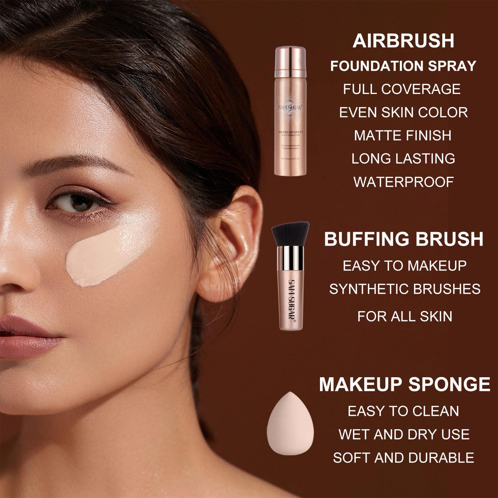 Lezero AirBrush Foundation Spray, Liquid Foundation Makeup Set, Full-Coverage Foundation Mist for Color Correcting,Concealer, Flawless Look, Matte Finish,Include Brush and Sponge,2.28oz (#2 Natural)