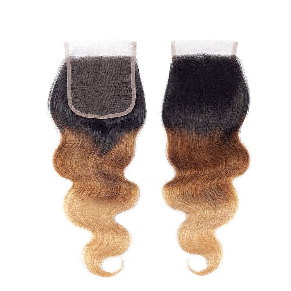 InsQueen Ombre Blond Bundles with Closure Brazilian Virgin Human Hair #1B/4/27 Body Wave Blond Human Hair Bundles with 4x4 Lace Closure Hair Extension (12 14 16+10 Inch)