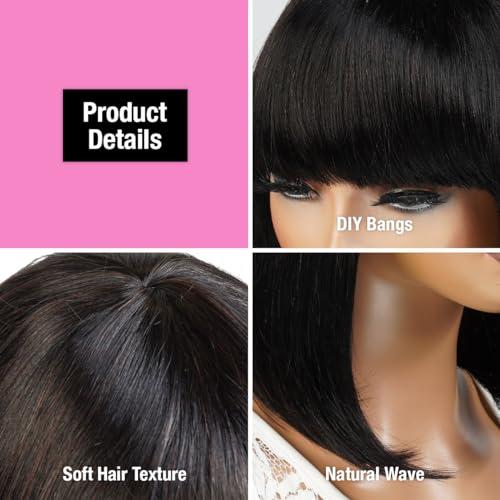 INSTANT FAB INSTANT FAB Medium Bob Wigs Human Hair with China Bangs for Black Women Straight Bob with Bangs Human Hair Non Lace Front Wigs  Spinel (12 inch (1Pack), OT1B/BURG (Ombre tipped offblack burgundy))
