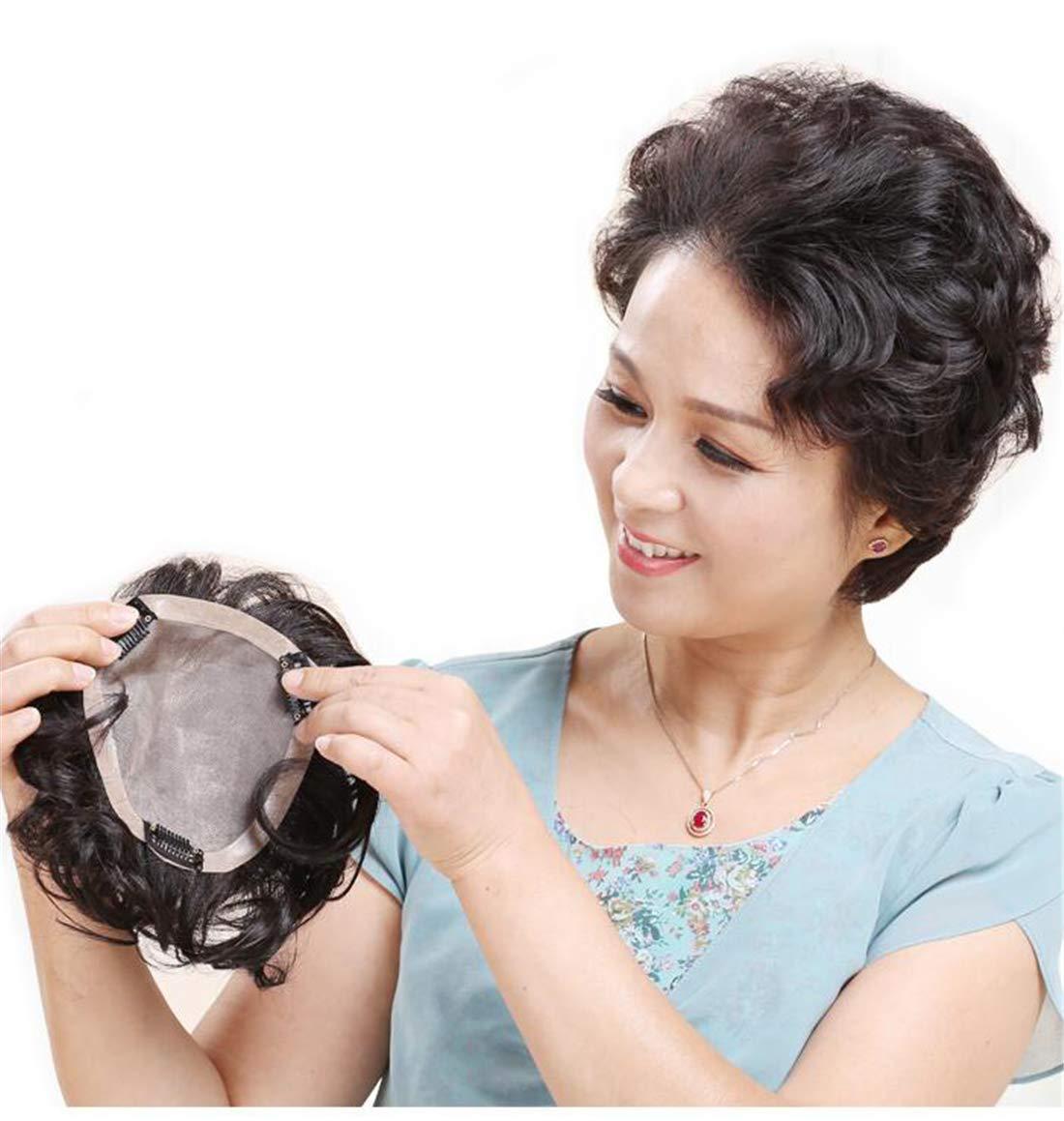 LXUE Fluffy Natural Wavy Human Hair Topper for Women with Thinning Hair, 4.7" x 5" Free Part Mono Hair Toppers Clip in, Natural Black