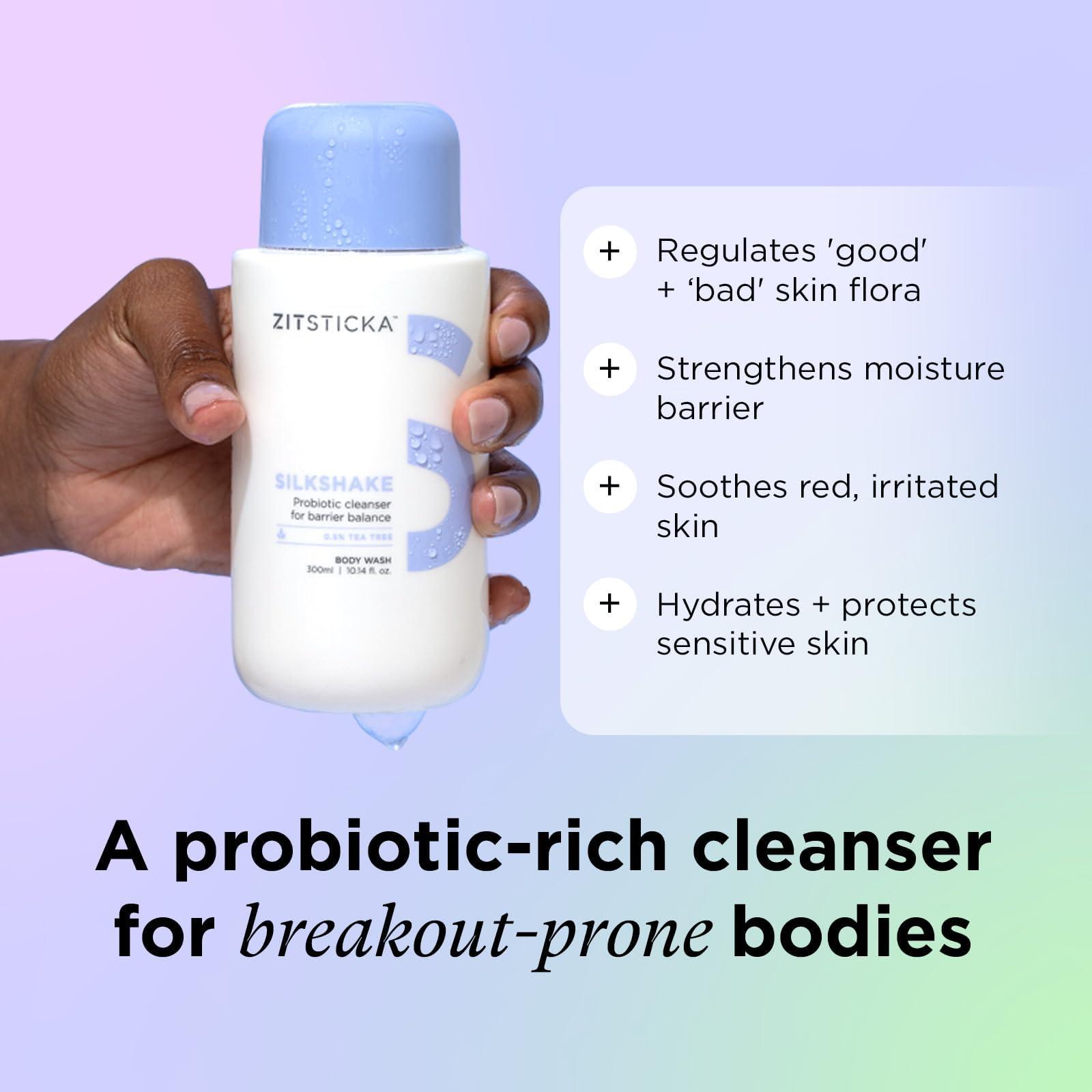 ZitSticka ZitSticka Body Wash - SILKSHAKE Probiotic-Rich Body Cleanser w/Tea Tree & Omega 3, 6 & 9 for Back Acne & Breakout Prone Skin, Sensitive Skin, Oily Skin, Dermatologist Tested