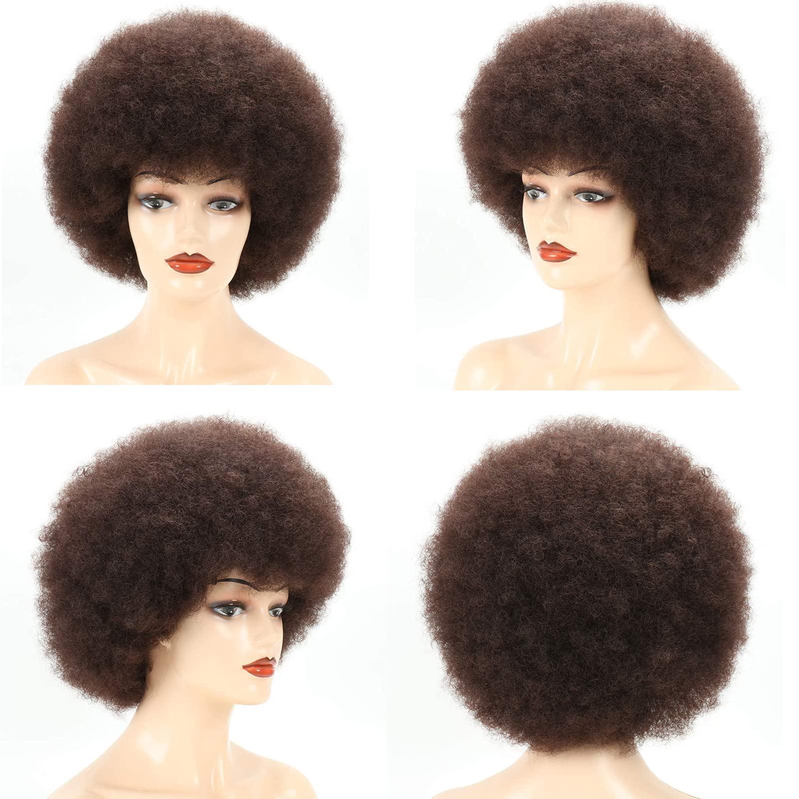 Petelf Short 70s Afro Wigs for Black Women Kinky Curly Brown Afro Puff Wig Bouncy and Soft Natural Looking Disco Party Wig Medium Premium Synthetic Women Afro Wig for Daily Cosplay Costume
