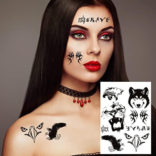 Kotbs Kotbs 6 Sheets Black Totem Barbed Wire Animal Temporary Face Tattoos, Halloween Temporary Tattoos for Men Women, Waterproof Fake Tattoo Stickers for Kids Adult Halloween Costume Accessories and Partie