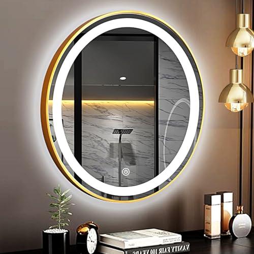 COMPR Mirror with Lights, Led Bathroom Mirror, Led Gold Frame Round Mirror, Wall Mounted Lighted Vanity Mirror, 3 Colors, Memory Function (Color : Gold, Size : 60cm)