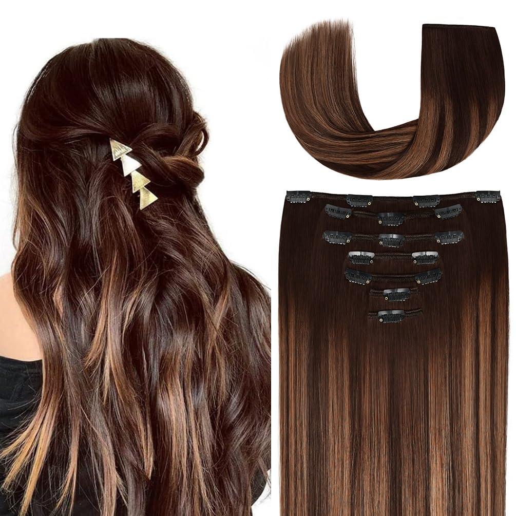 Winsky 12 Inch Clip-in Hair Extensions Remy Human Hair for Women - Soft Handmade Real Human Hair Clip in Extensions, Straight, Thick, 105g 7pcs #2T(6P2) Color