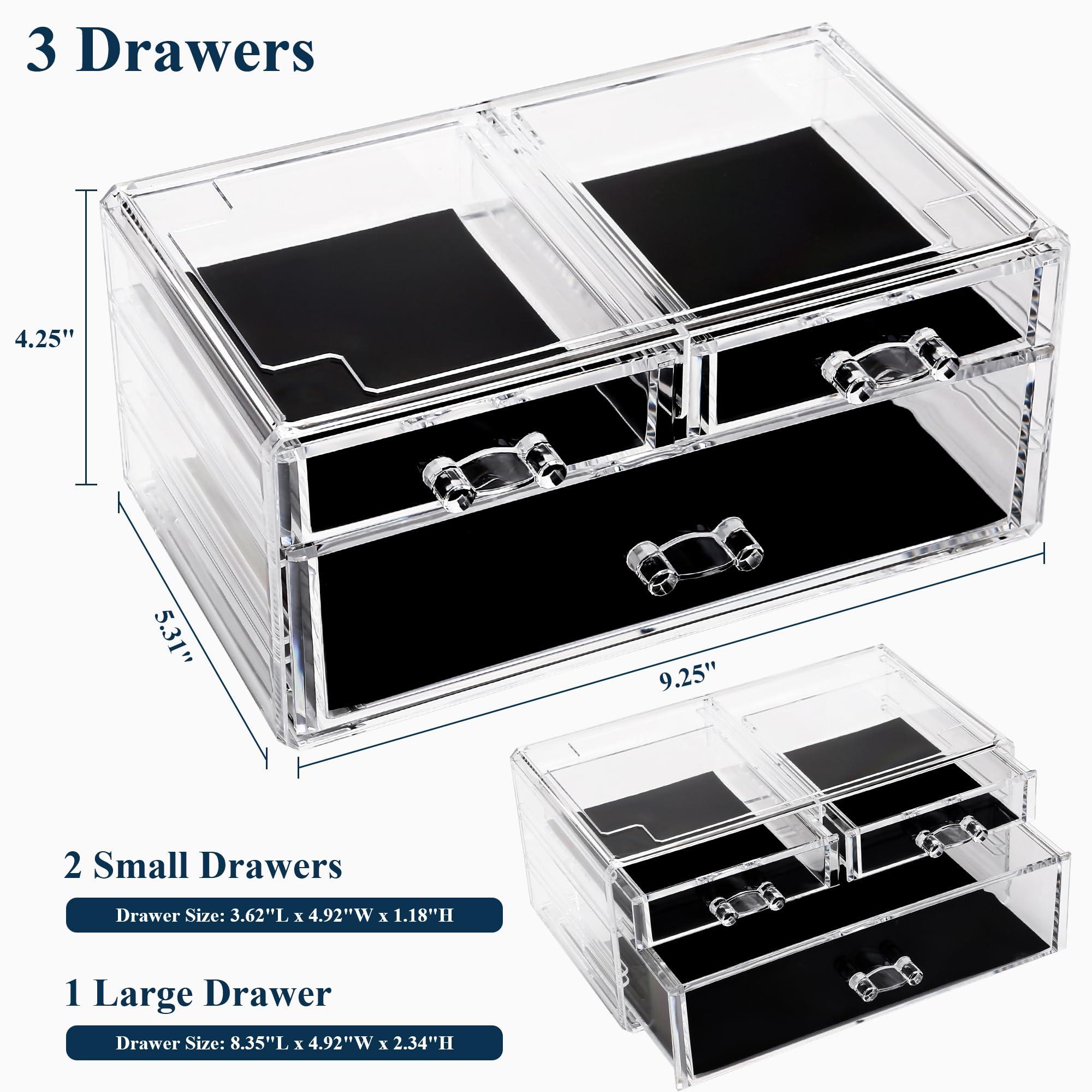 Sea Team Sea Team Clear Makeup Organizer with Drawers, Acrylic Plastic Cosmetic Display Case, Jewelry Storage Box, Holder for Dresser, Bathroom, Vanity, Countertop (1 Large, 2 Small Drawers)