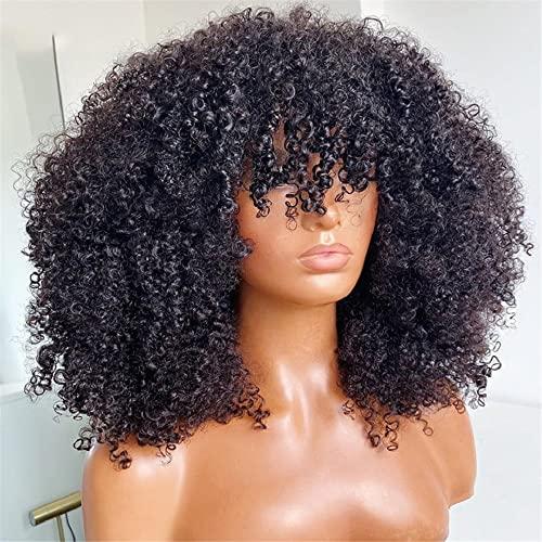 Fabutio Afro Kinky Curly Mongolian Human Hair Wig For Black Women 200% Density Glueless Bob Fake Scalp Wig Natural Black Brazilian Hair Fringe Unit Thick Girls African Hairstyle 24 Inch