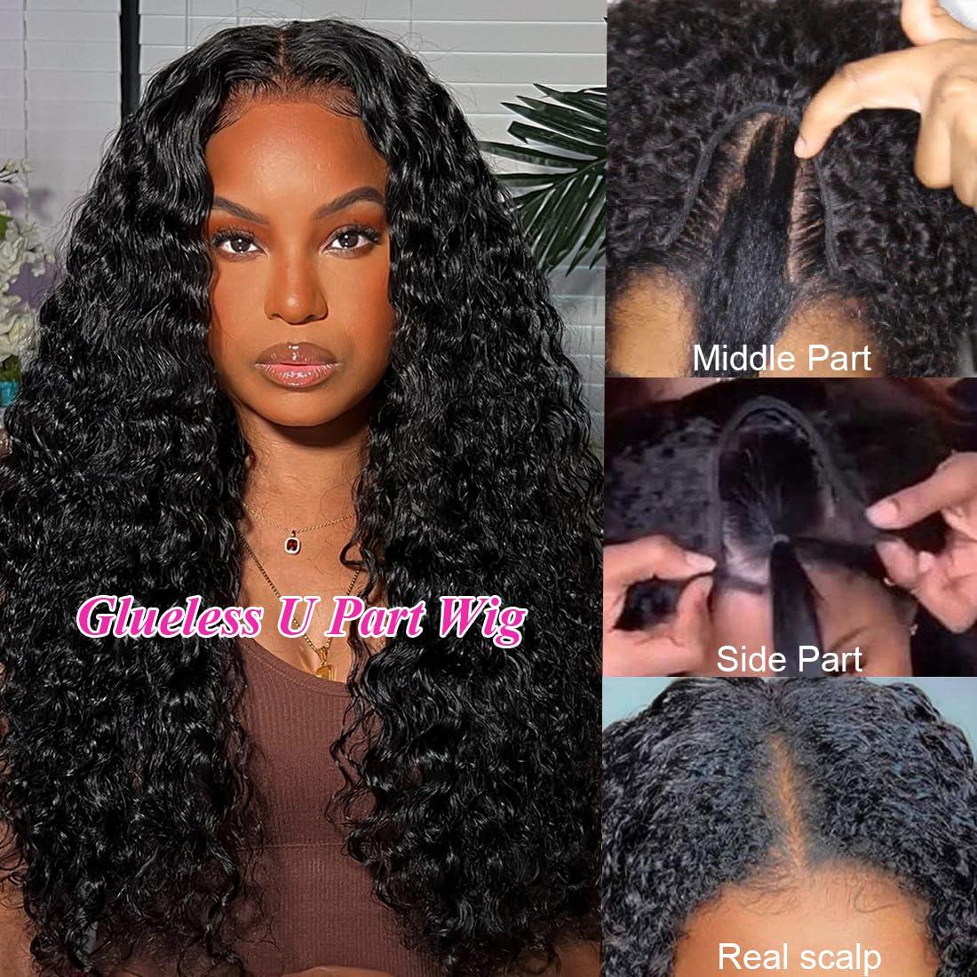 Yavida U Part Wig Human Hair Curly U Part Human Hair Wig 180% Density Unprocessed Virgin Human Hair U Part Wig for Women Full Head Curly U Part Wig Human Hair Glueless Curly Human Hair Half Wig 28 Inch