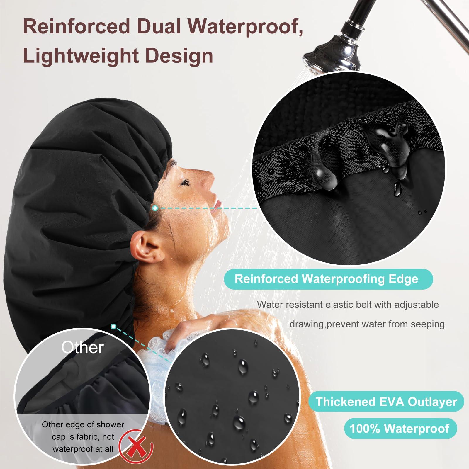 SHEOMERN Sheomern 2 Pcs 15\" XL Extra Large Terry Lined Shower Cap, Adjustable Dual Waterproof Shower Cap for Women Reusable Soft Hair Cap Bath Cap for Long Braids, Thick Hair, Locs, Curly Hair