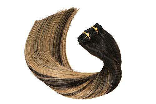 HUAYI HUAYI Caramel Highlights On Black And Natural Black Hair 120g 7Pcs Clip In Hair Extensions Human Hair Double Weft Thick End For Full Head No Tangle Silky Straight Balayage Hair (1271B#16'')
