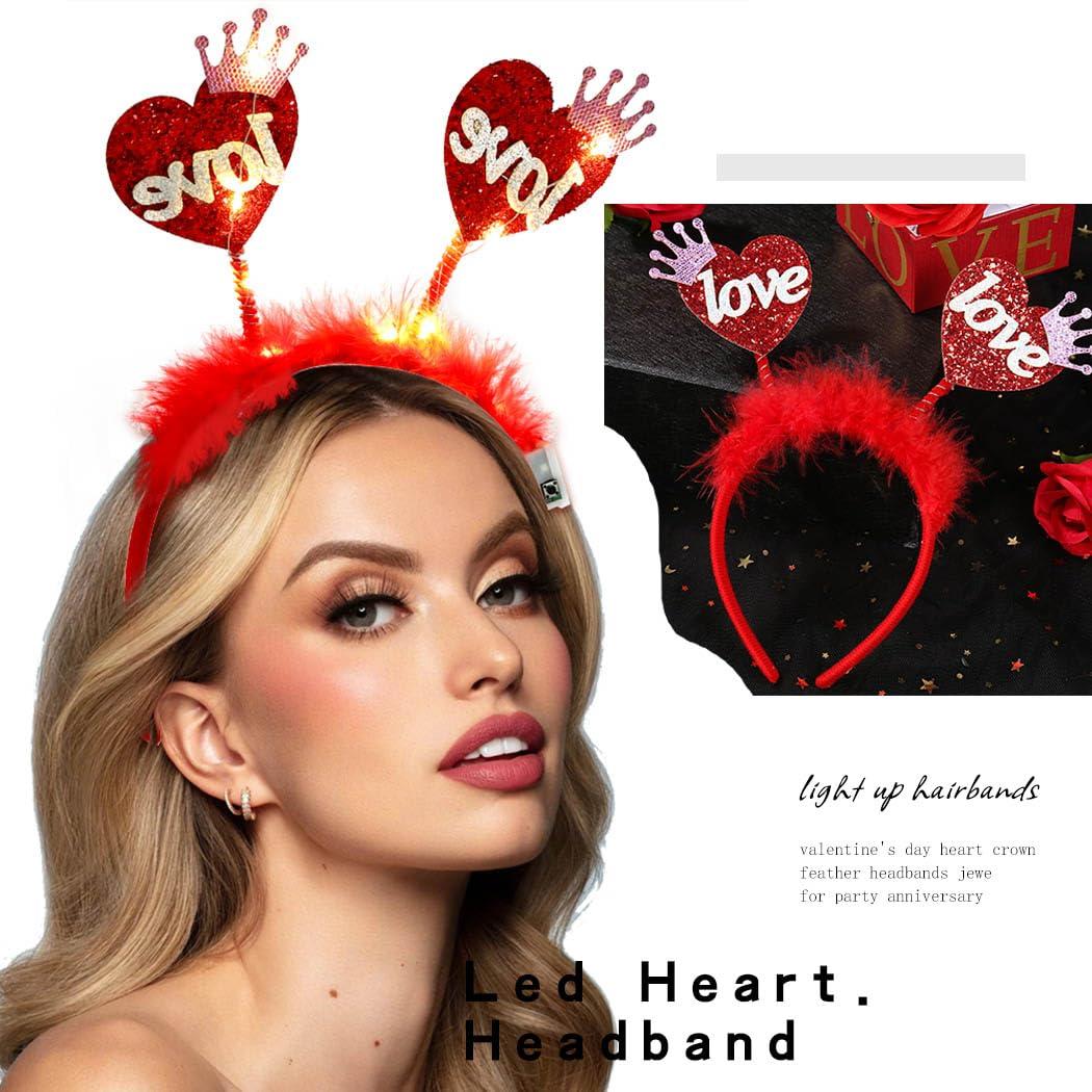 Fdesigner Fdesigner Heart Headband Red Light Up Valentine Hair Band Love Feather Hair Hoop Women Cute Heaadpiece Sequins Party Hair Accessories Costume Holiday Gift (Cute)