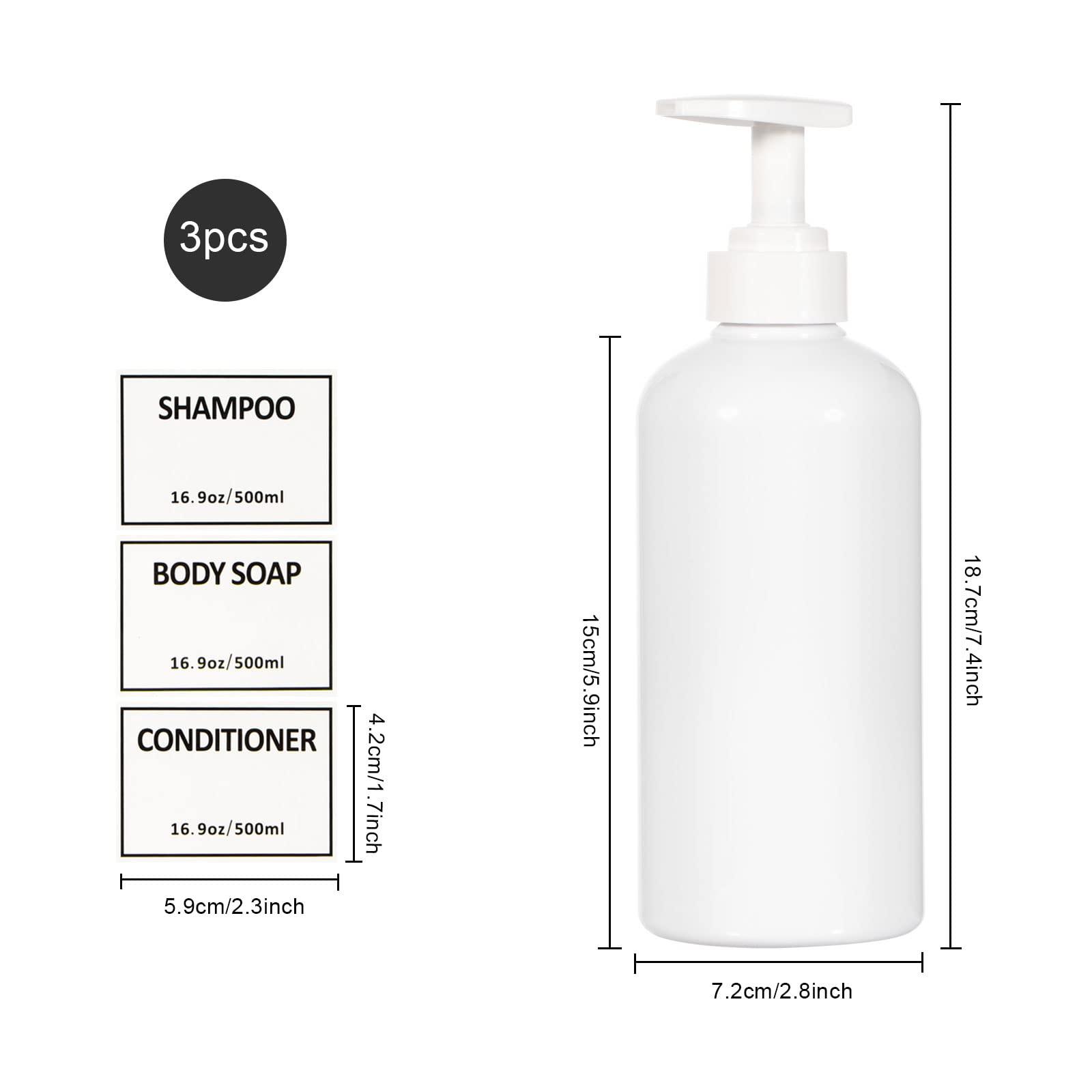 Yeeco Shampoo Bottles Refillable with Pump Yeeco White Shampoo and Conditioner Pump Bottle Dispenser with Waterproof Labels 16.9oz/500ml 3 Packs, Shampoo Bottles for Bathroom, Kitchen, Hotel