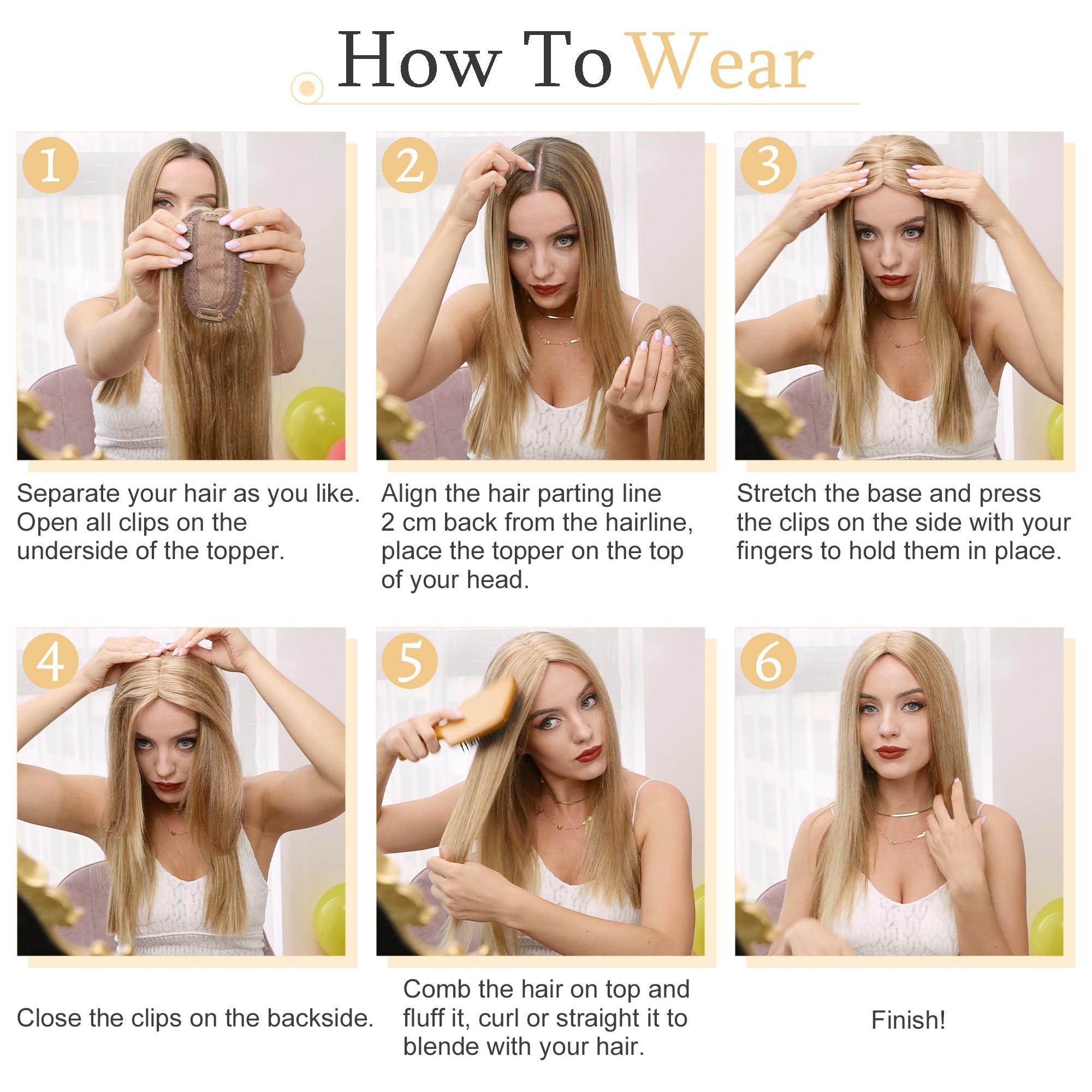 SEGO SEGO Human Hair Toppers for Women With Thinning Hair 7 * 13CM Silk Base 100% Real Human Hair Clip in Top Wiglet Hair Pieces -16 Inch No Bangs Platinum Blonde