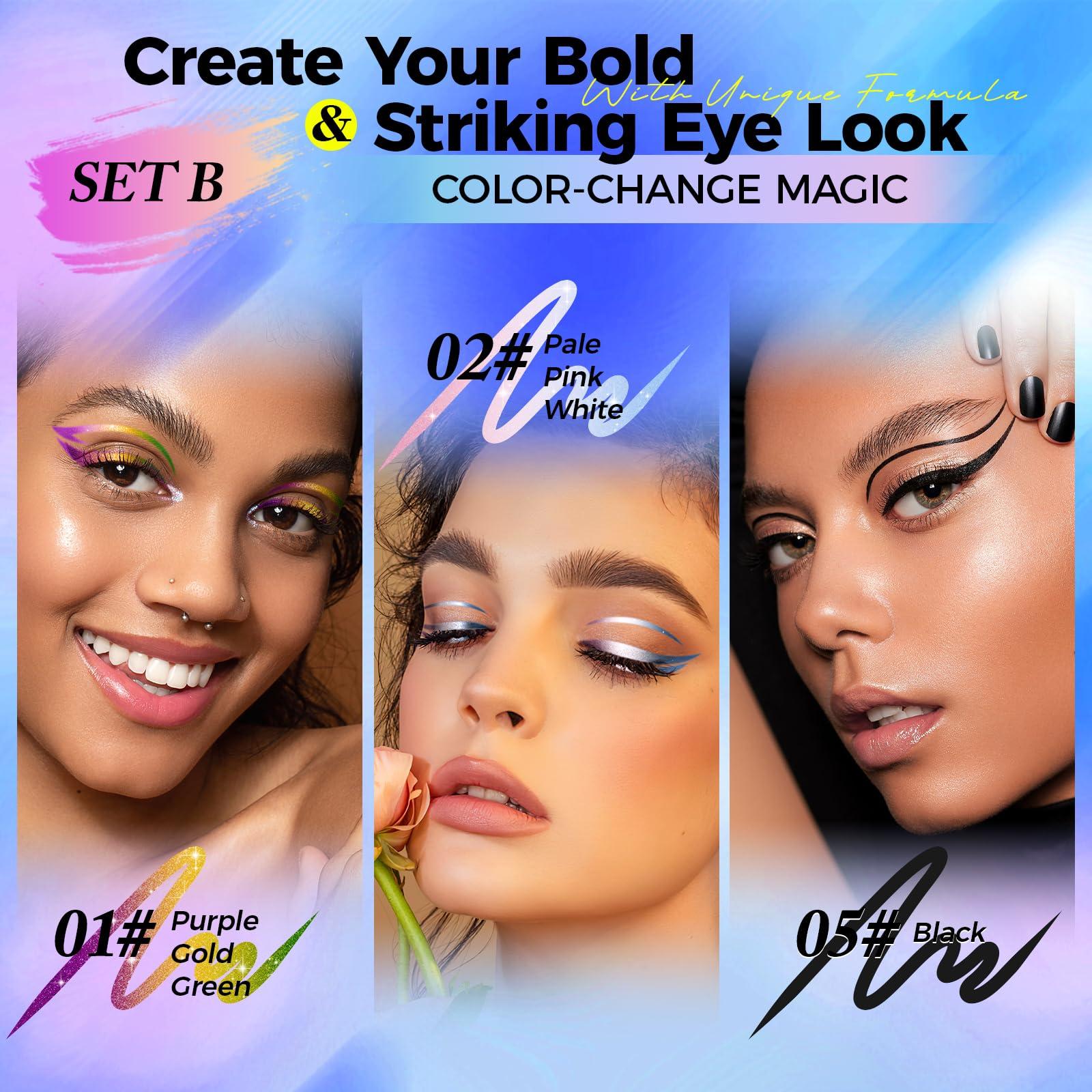 Ofanyia Ofanyia Multichrome Eyeliner Pencil, 3 Pcs Metallic Gel Eyeliner, Purle Pale Pink Matte Black Shifting Colors EyeLiner Pen, Waterproof Eyeliner, Smudge Proof Easy To Color Gel Eyeliner Pencil