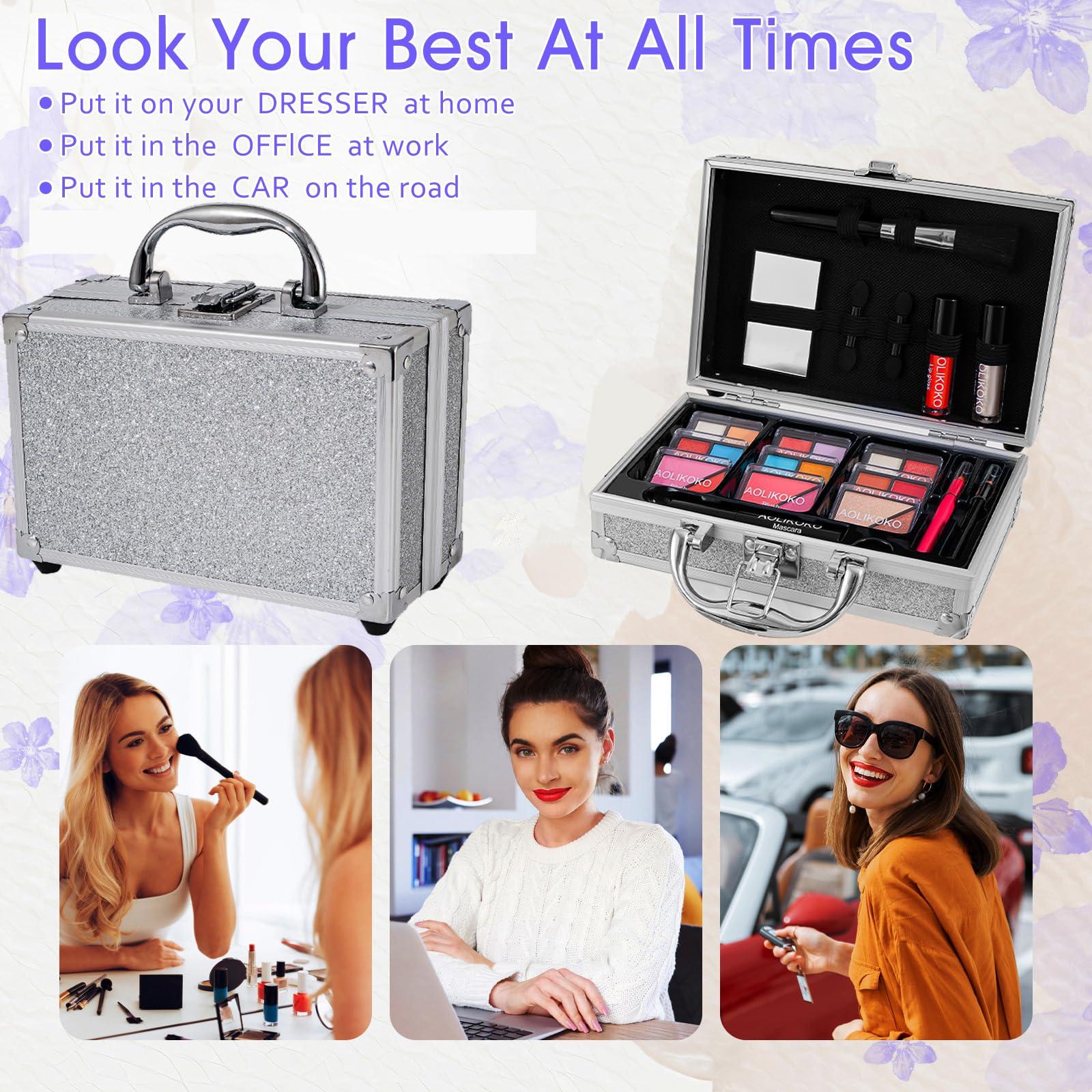 AOLIKOKO AOLIKOKO Makeup Kit for Teenager & Women Full Kit, All in One Makeup Set With The Small Cosmetic Train Case, Professional Makeup Kit, Makeup Gift Set for Women Girls (silver)