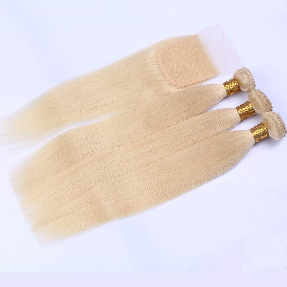 Tony beauty hair Tony Beauty Hair #613 Blonde Straight Human Hair 3 Bundles with Closure Bleach Blonde Brazilian Hair Weave Wefts with Closure Silky Straight Hair Bundles with 4x4 Lace Closure (18 20 22+16)