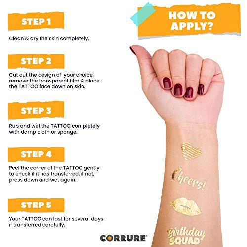 CORRURE CORRURE 48pcs Birthday Tattoos - Gold Temporary Tattoos Metallic for Women and Men - Happy Birthday Squad Tattoos for Girls, 18th 21st 25th 30th or Any Adult Bday - 11 Flash Party Tattoos