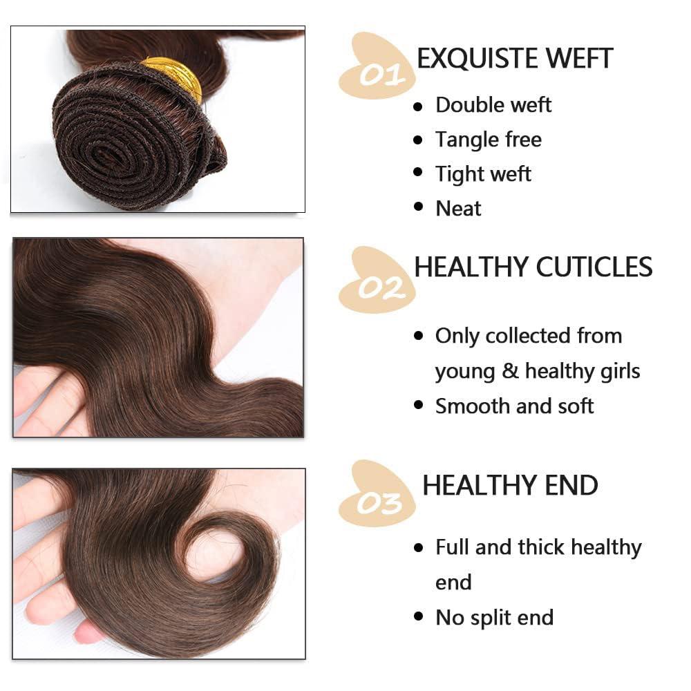 QXRM Body Wave Bundles Human Hair - 12A Brazilian Virgin Human Hair Bundles Double Weft Weave 100G Body Wave 3 Bundles Unprocessed Weave (#4 Medium Brown Body Wave, 10 Inch)