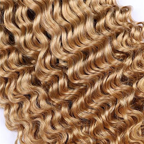 General Cloud Hair Deep Wave Curly Honey Blonde Human Hair Weave 3 Bundles Indian Virgin Hair blonde 27# Curly Human Hair Extensions Strawberry Blonde 27 Hair Double Weft 100g/Bundle (18 20 22 inch 3bundles)