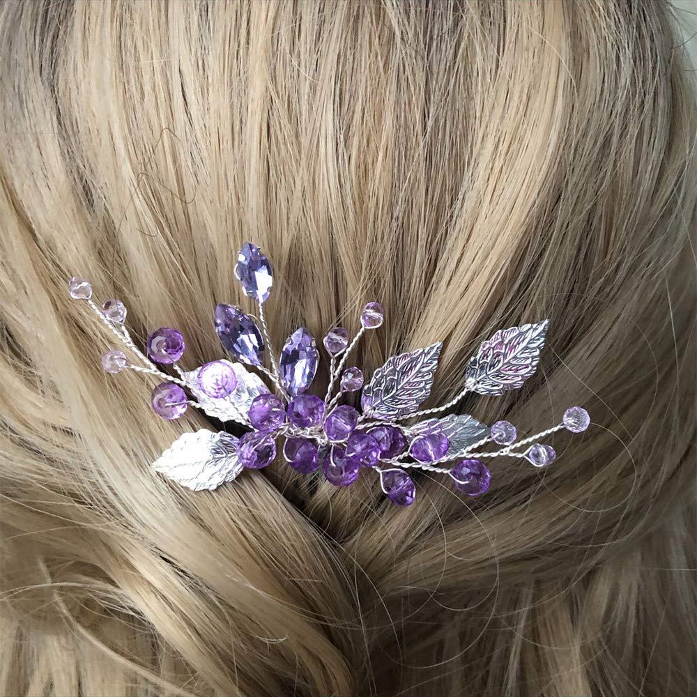 Aimimier Aimimier Bridal Purple Crystal Leaf Hair Comb Amethyst Hair Piece Wedding Hair Accessories for Women and Girls (Purple)