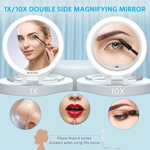 WEILY WEILY Magnifying Mirror with Light, 10X/1X Magnification Double-Sided Travel Makeup Mirror, with 3 Color Lights, Touch Control, Rechargeable Portable Mirror for Bedroom, Bathroom (White)