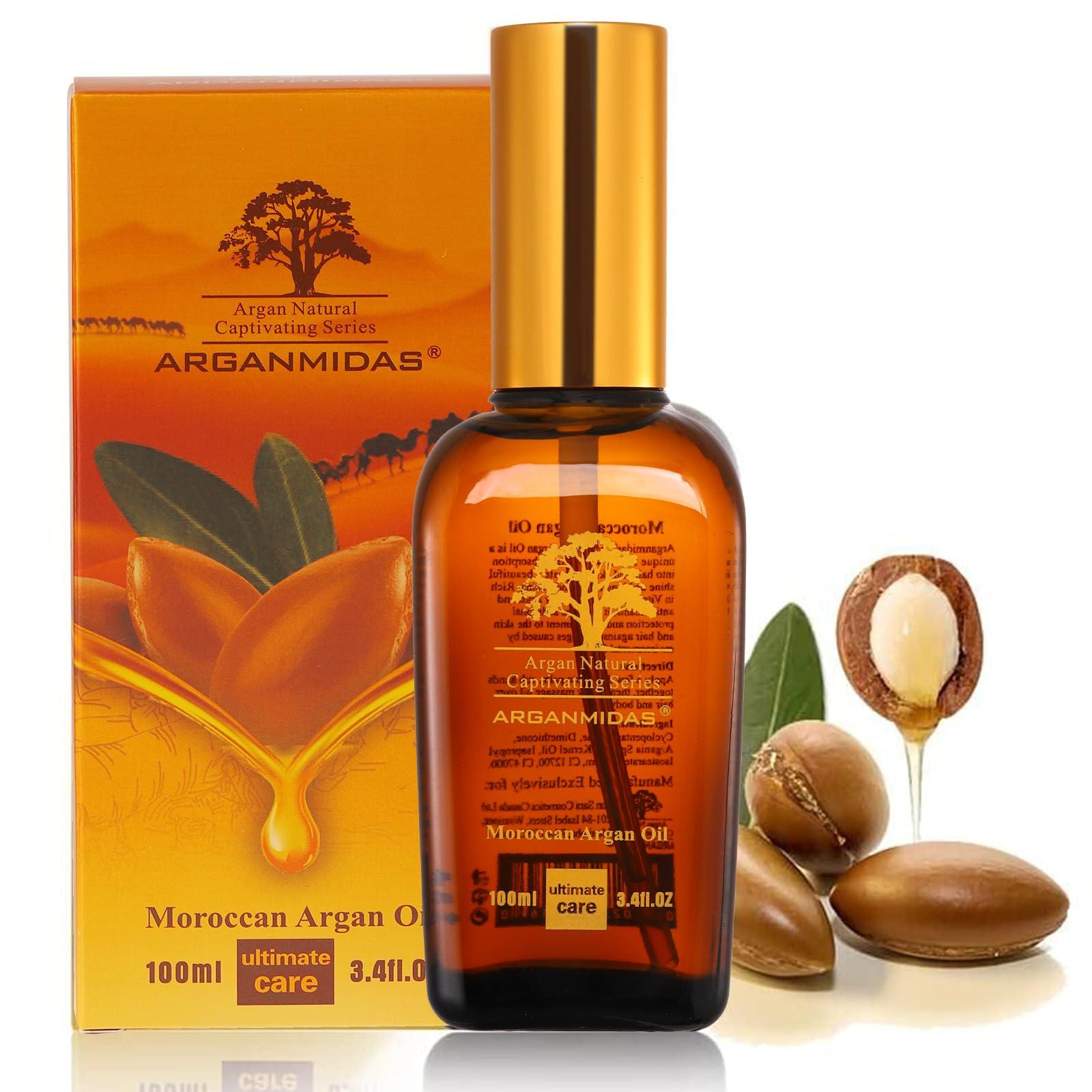 ARGANMIDAS ARGANMIDAS Hair Oils, Moroccan Argan Oil for Hair and Face Skin Moisturizer, Leave Hair Soft & Shiny, Hair Treatment oil for Men Women Dry Damaged Frizzy Hair, 3.4 Fl Oz