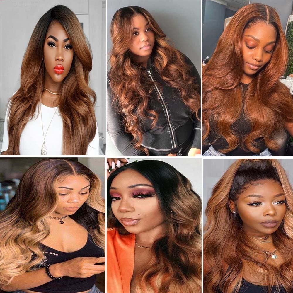 Niciitysi 26 28 30 inch Brown Human Hair Bundles 1B30 Brown Body Wave Bundles Two Tone Brazilan Black Root To Brown Bundles Human Hair Weave Virgin Remy Hair Extensions Double Weft 1B/30 Bundles Human Hair