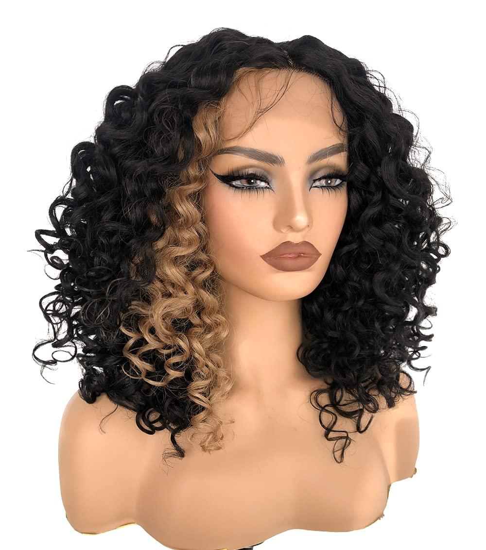 MITIMES MITIMES 16inch Blonde Skunk Stripe Curly Lace Front Wig Synthetic Human Hair Blend Glueless Pre Plucked HD Lace Short Curly Lace Front Wigs for Black Women