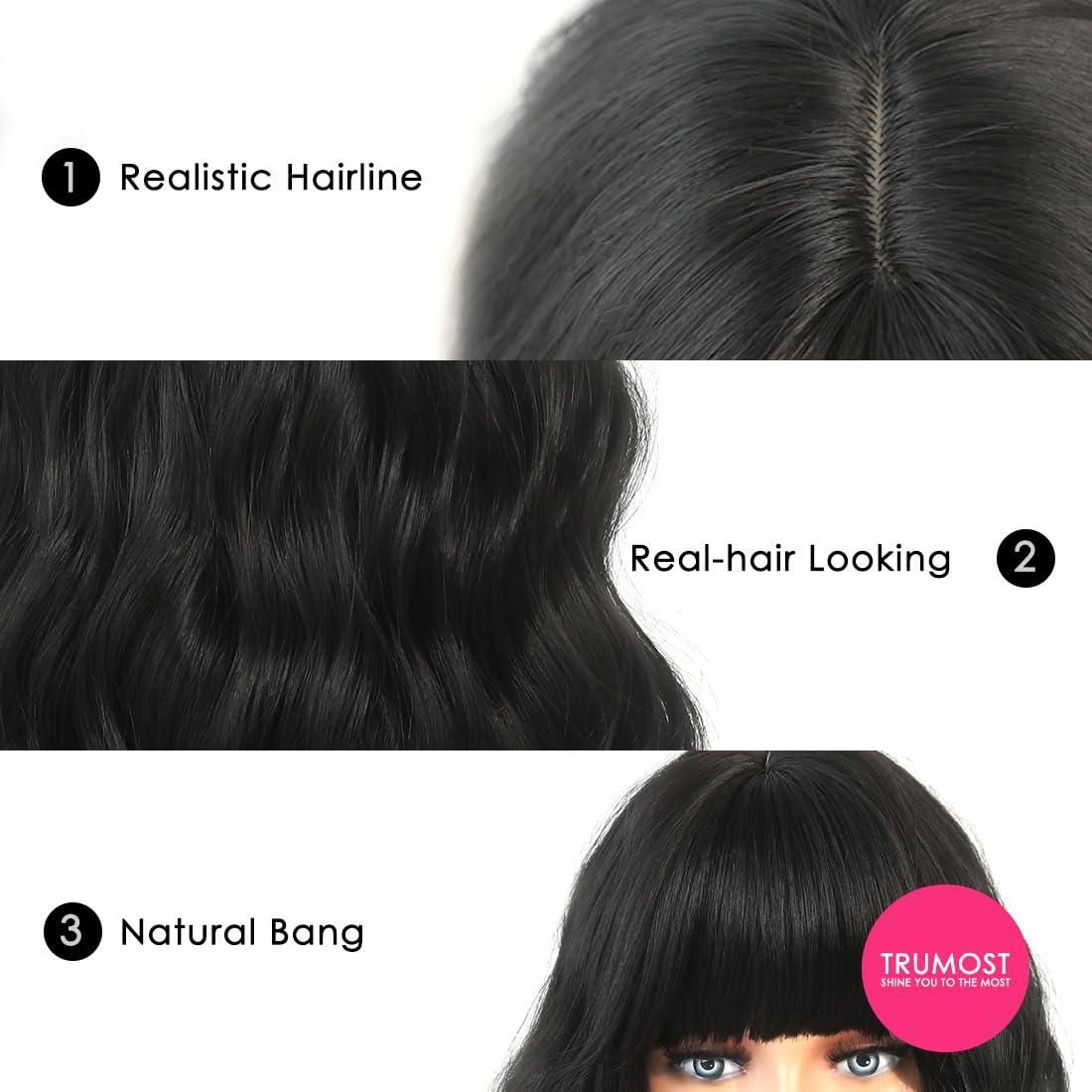 TRUMOST TRUMOST Black Short Wave Wigs with Bangs - Synthetic Realistic Shoulder Length Wavy Wig, Heat Resistant Natural Wig for Women Girls Daily Party Cosplay Use 12 in
